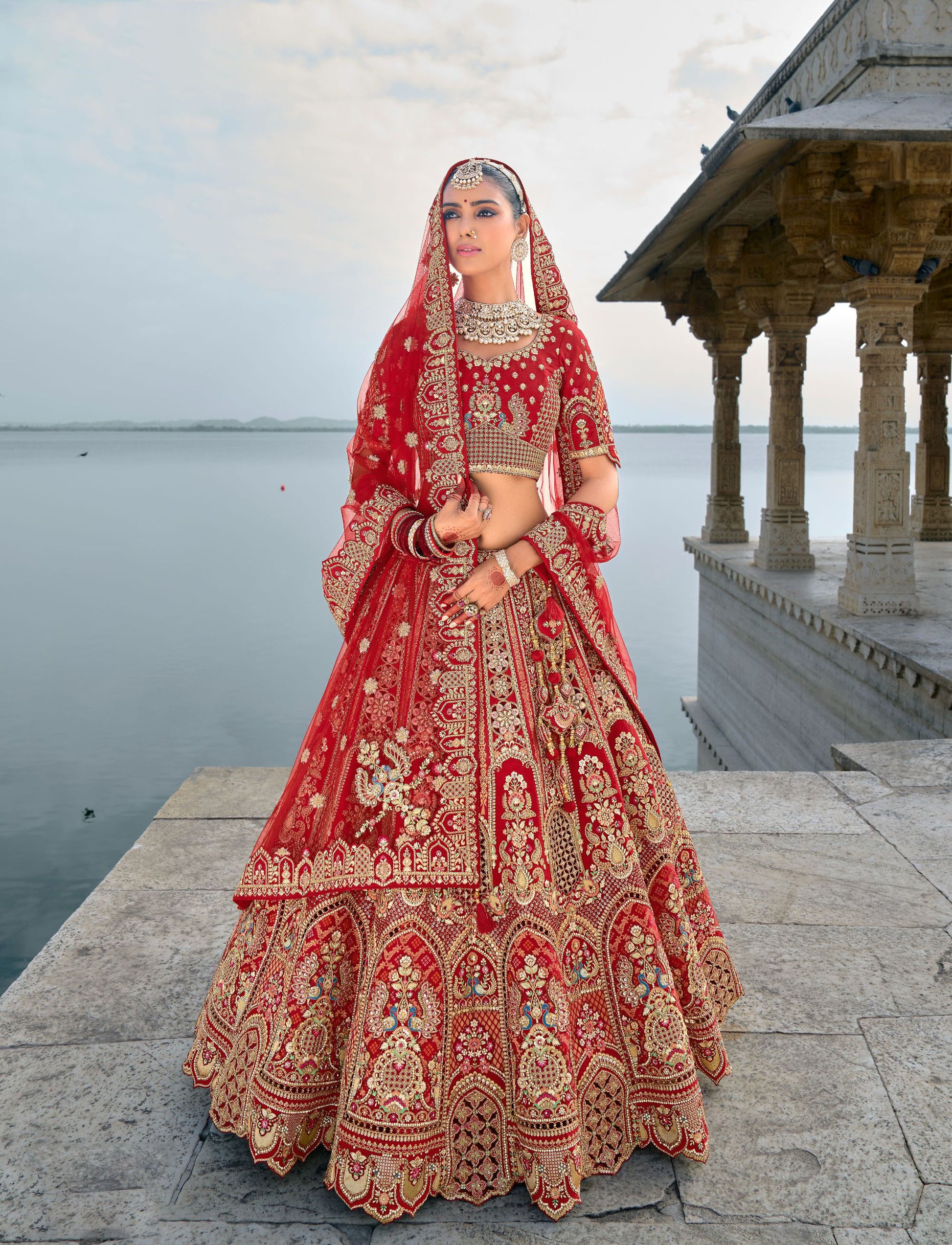 Red Heavy Zari and Sequins Embroidery Silk Bridal Lehenga