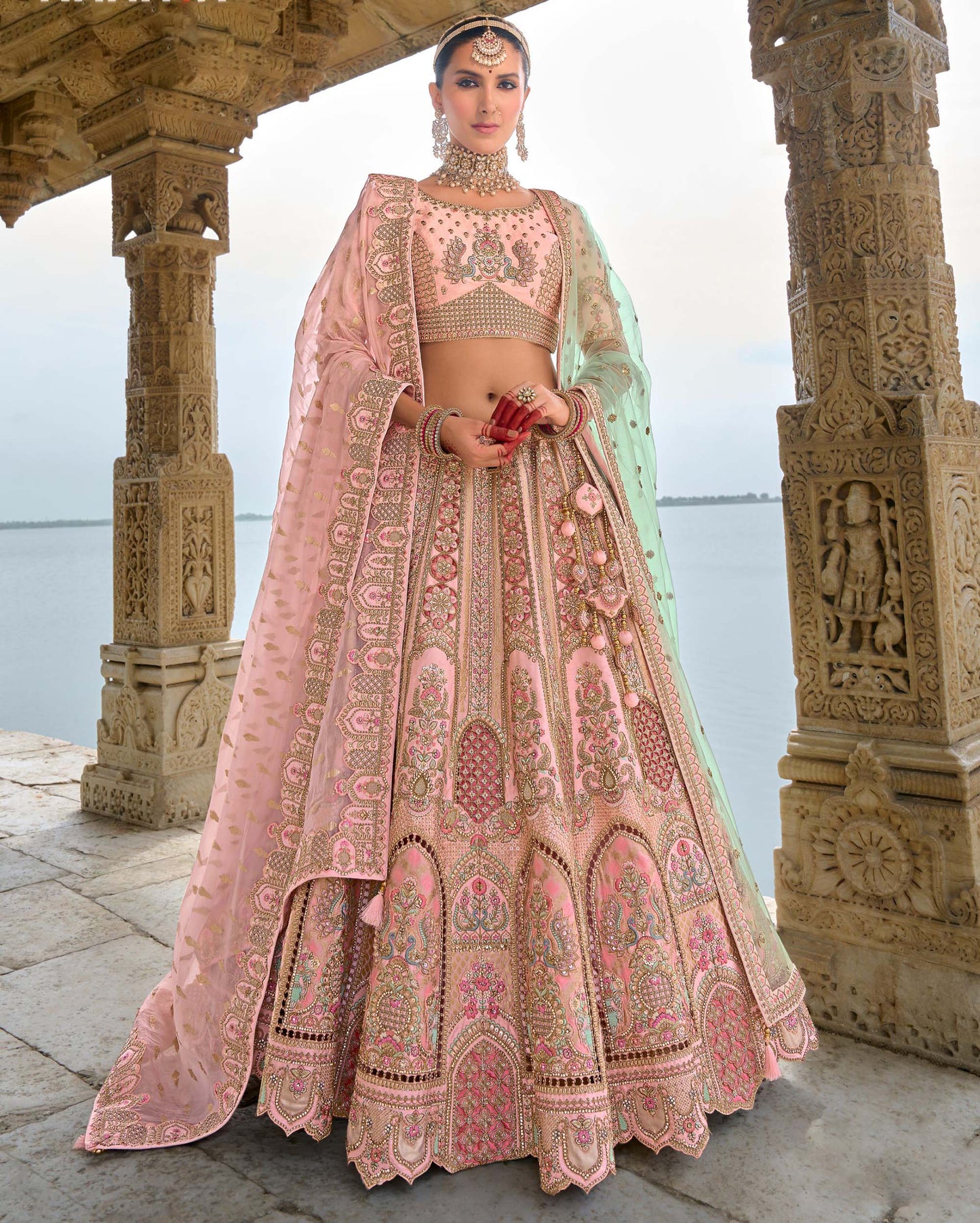 Pastel Pink Heavy Zari and Sequins Embroidery Silk Bridal Lehenga