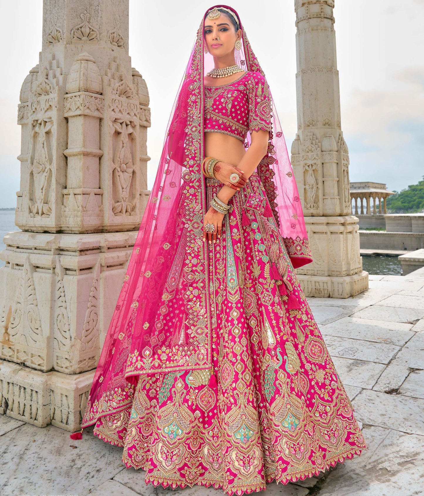 Rani Pink Heavy Zari and Sequins Embroidery Silk Bridal Lehenga