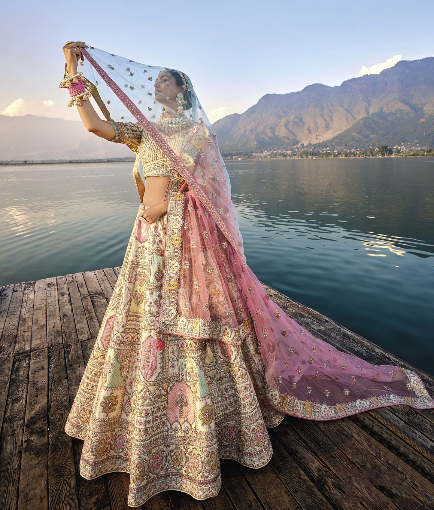 Elegant Off-White Circular Lehenga Set with Silk Blouse and Heavy Net Dupatta