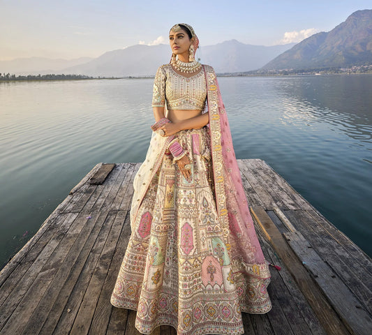 Elegant Off-White Circular Lehenga Set with Silk Blouse and Heavy Net Dupatta