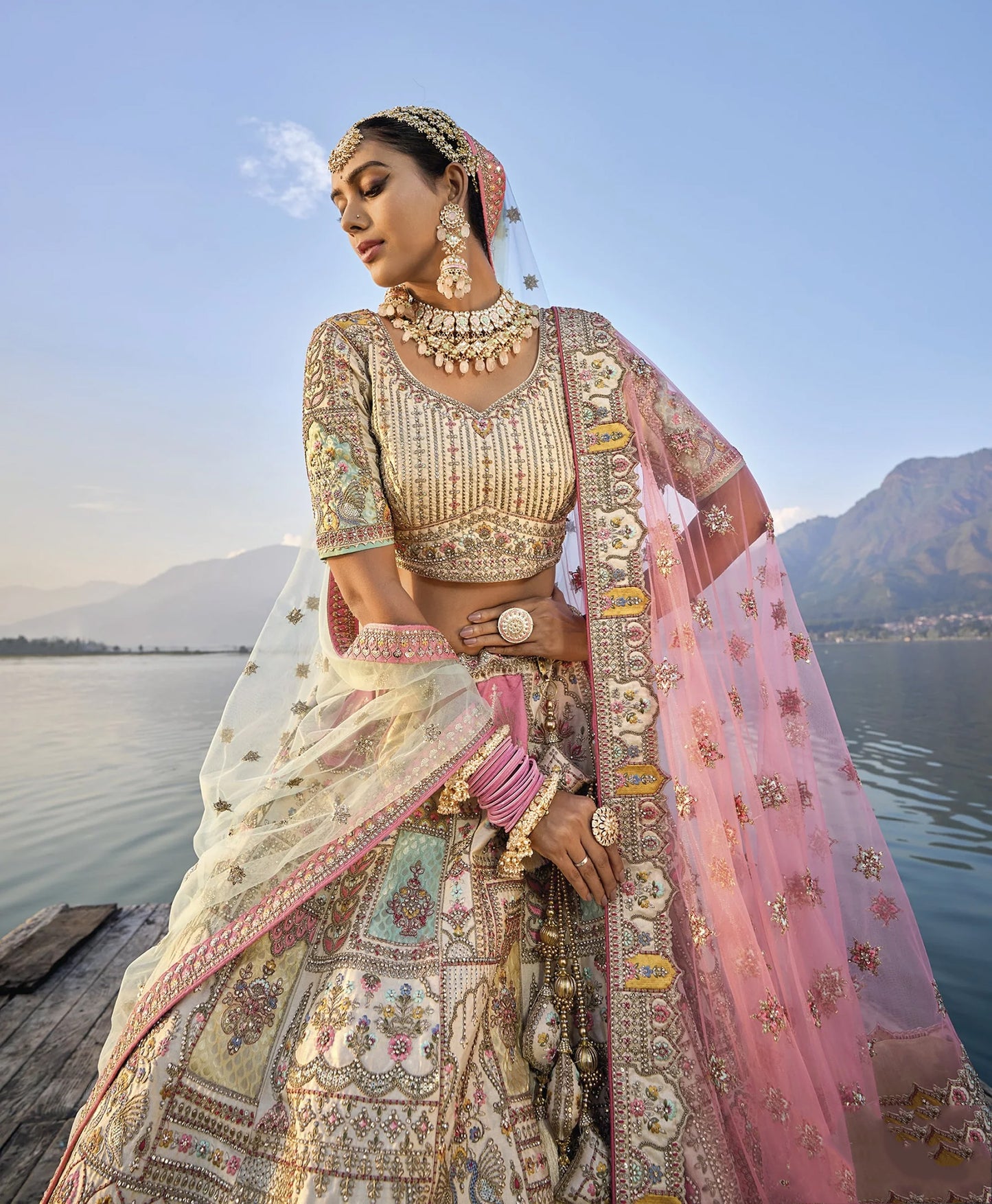 Elegant Off-White Circular Lehenga Set with Silk Blouse and Heavy Net Dupatta