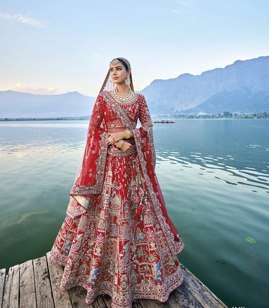 Red Silk Bridal Wedding Lehenga Set with Heavy Net Dupatta