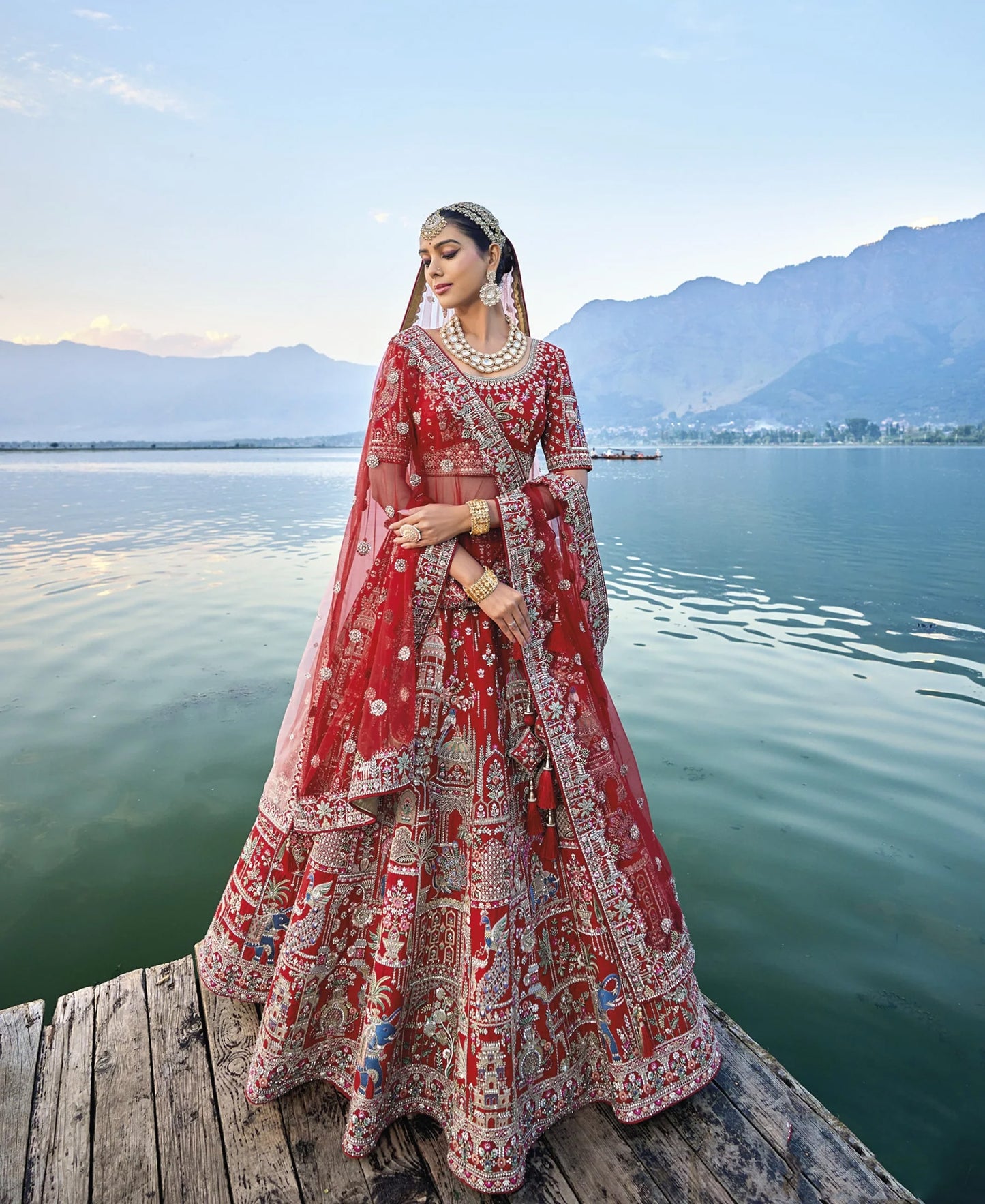 Red Silk Bridal Wedding Lehenga Set with Heavy Net Dupatta