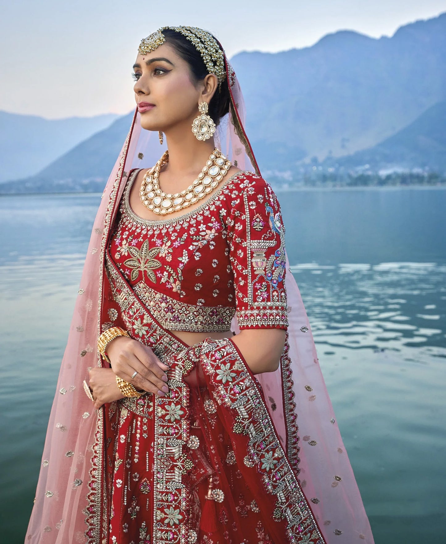 Red Silk Bridal Wedding Lehenga Set with Heavy Net Dupatta