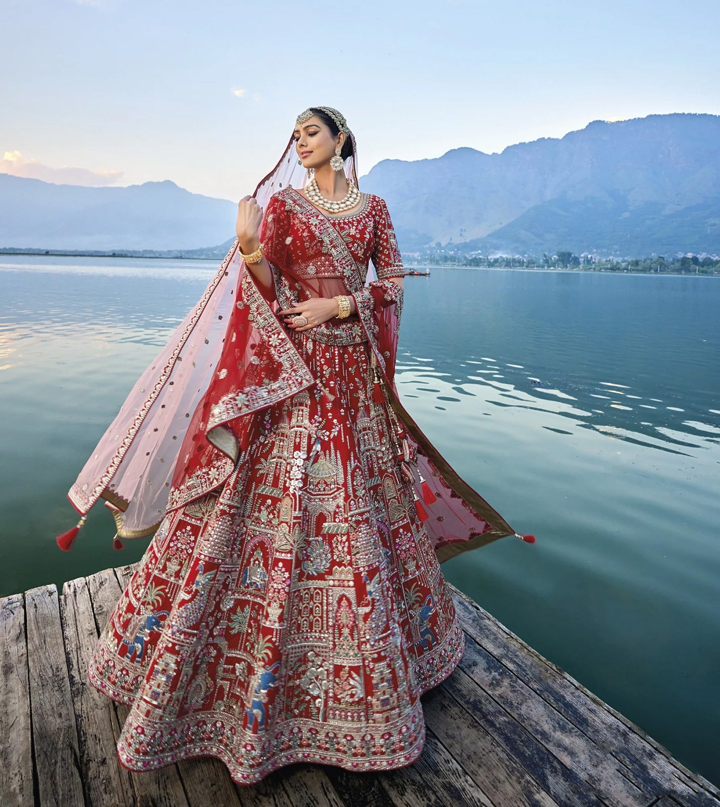 Red Silk Bridal Wedding Lehenga Set with Heavy Net Dupatta