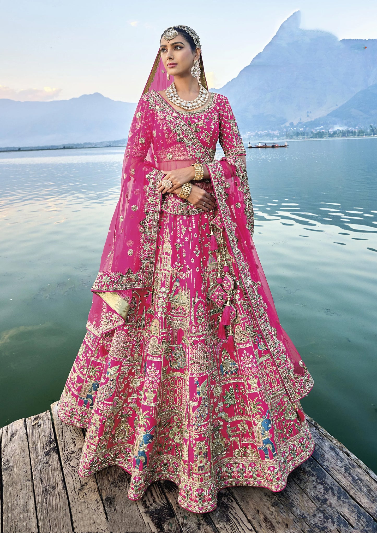 Rani Silk Bridal Wedding Lehenga Set with Heavy Net Dupatta