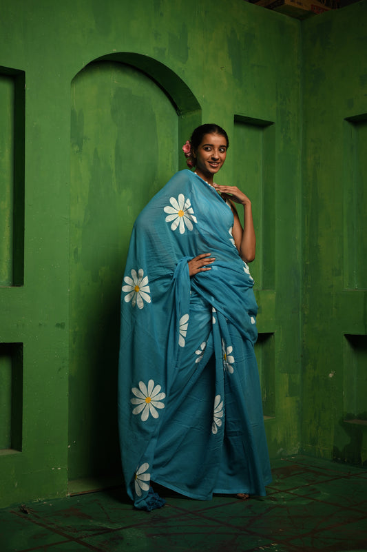 Saanjh ki dulhan I Blue mul cotton handloom saree with hand painted florals