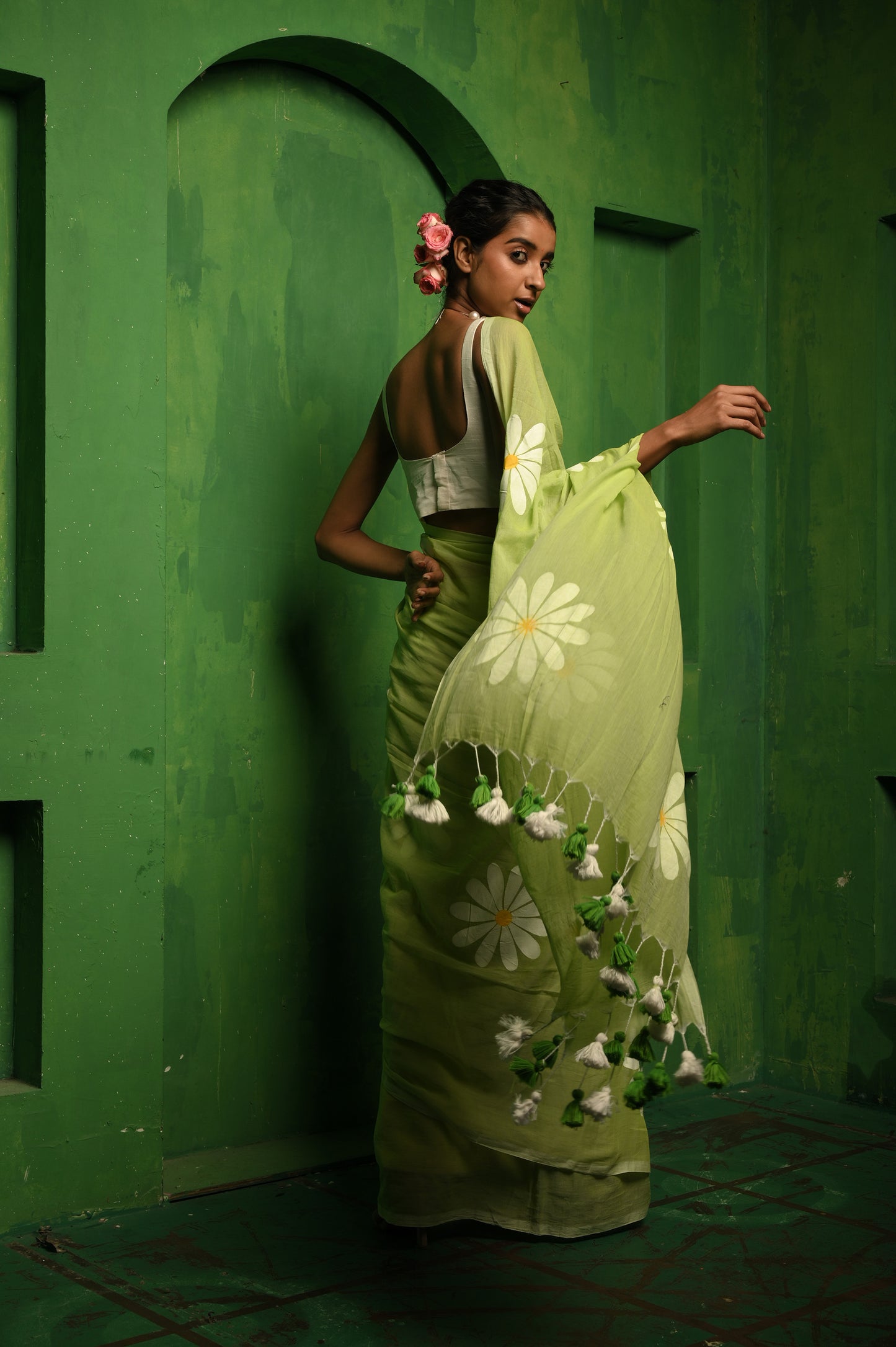 Ajnabi Haseena I Light green mul cotton handloom saree with handpainted florals