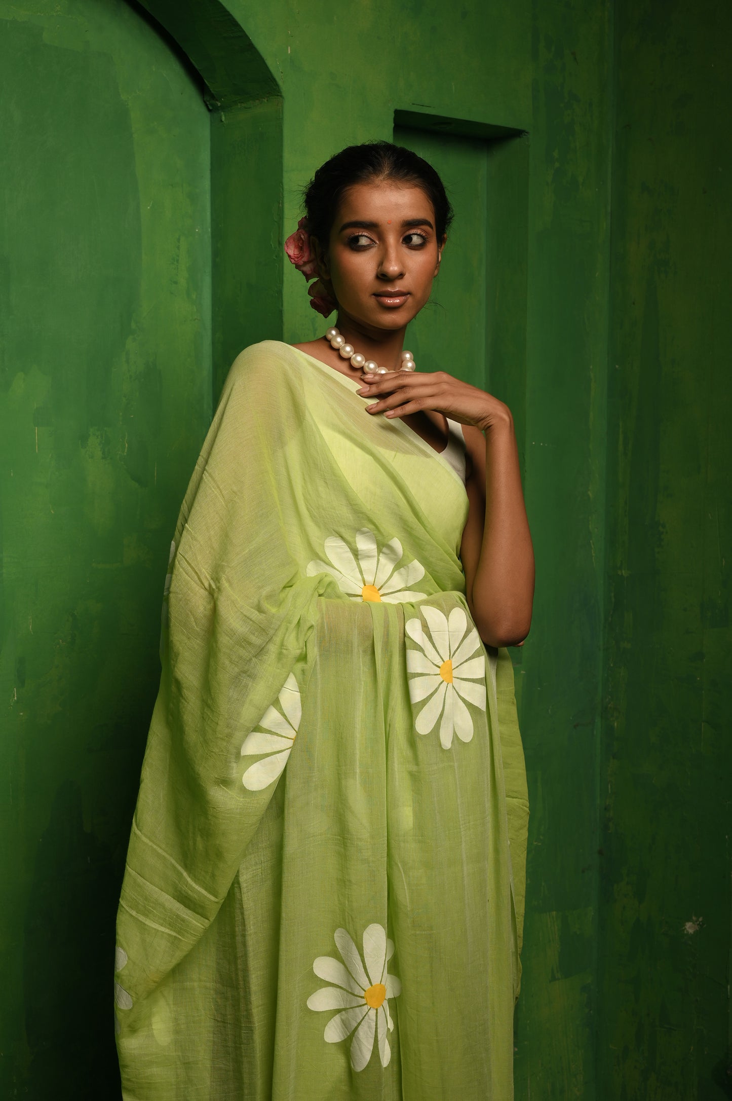 Ajnabi Haseena I Light green mul cotton handloom saree with handpainted florals