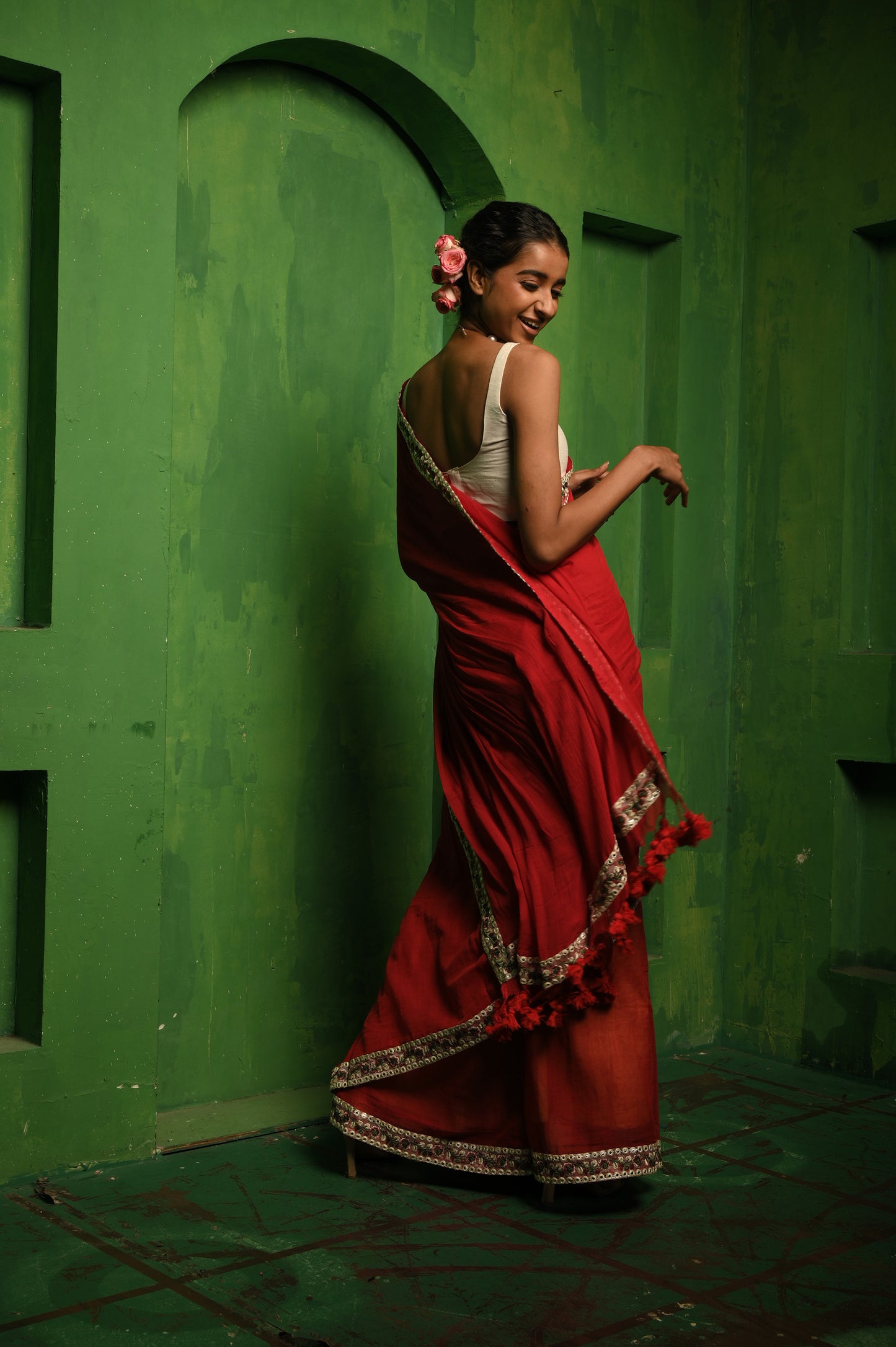 Dil Deewana I Red Mul Cotton Saree with Embroidered Lace Border