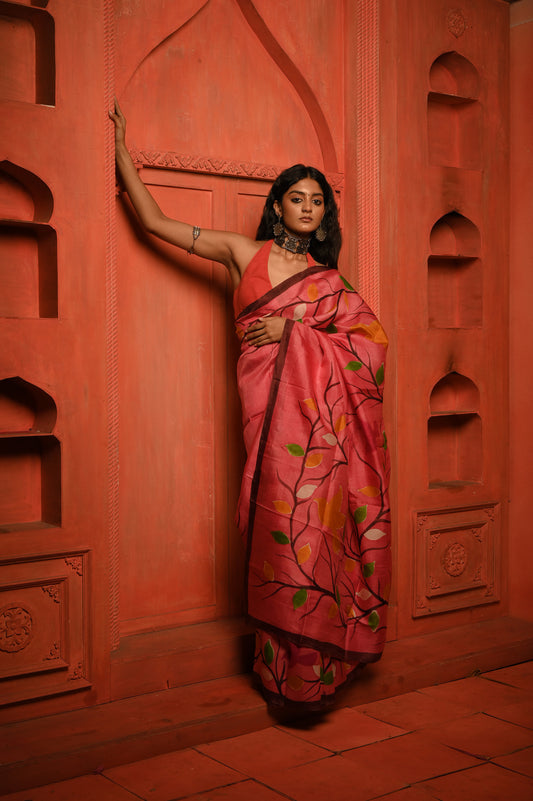 Phoolon ki baarish I Pink tussar saree with handpainted florals