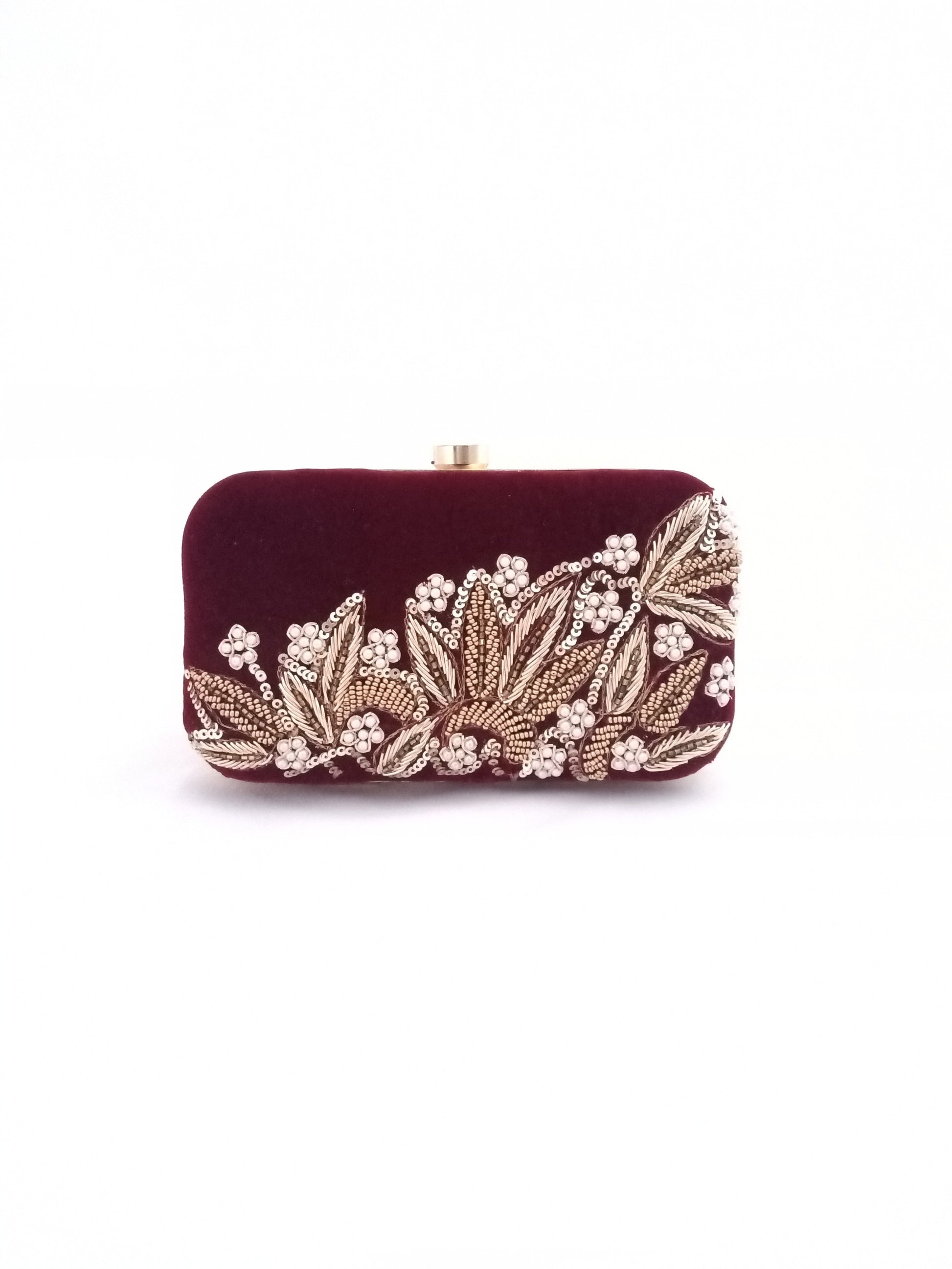 Maroon Dabka Leaf Handembroidered Clutch