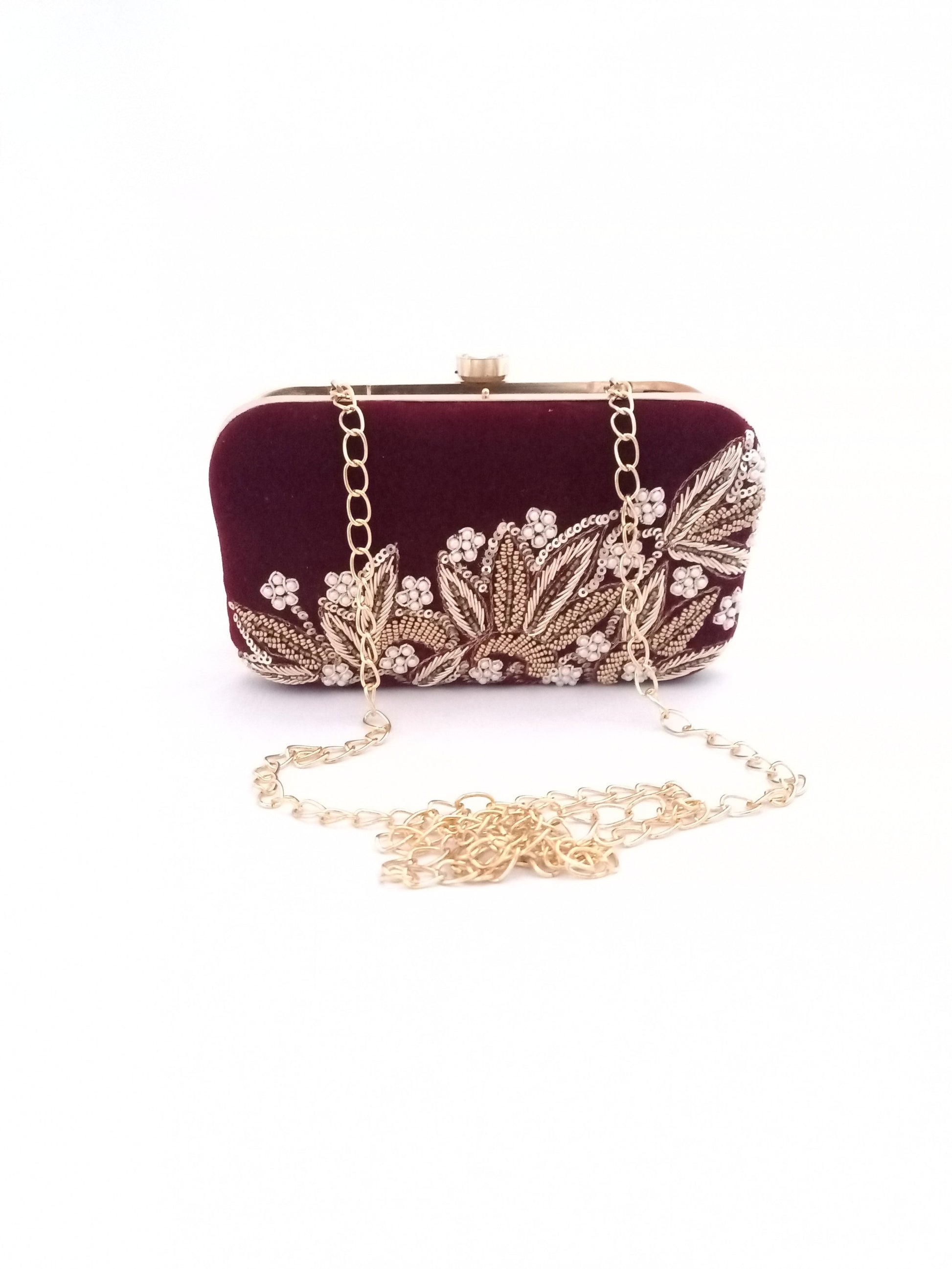 Maroon Dabka Leaf Handembroidered Clutch