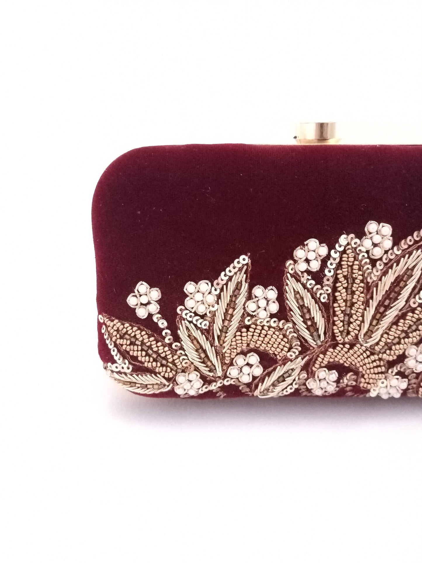 Maroon Dabka Leaf Handembroidered Clutch