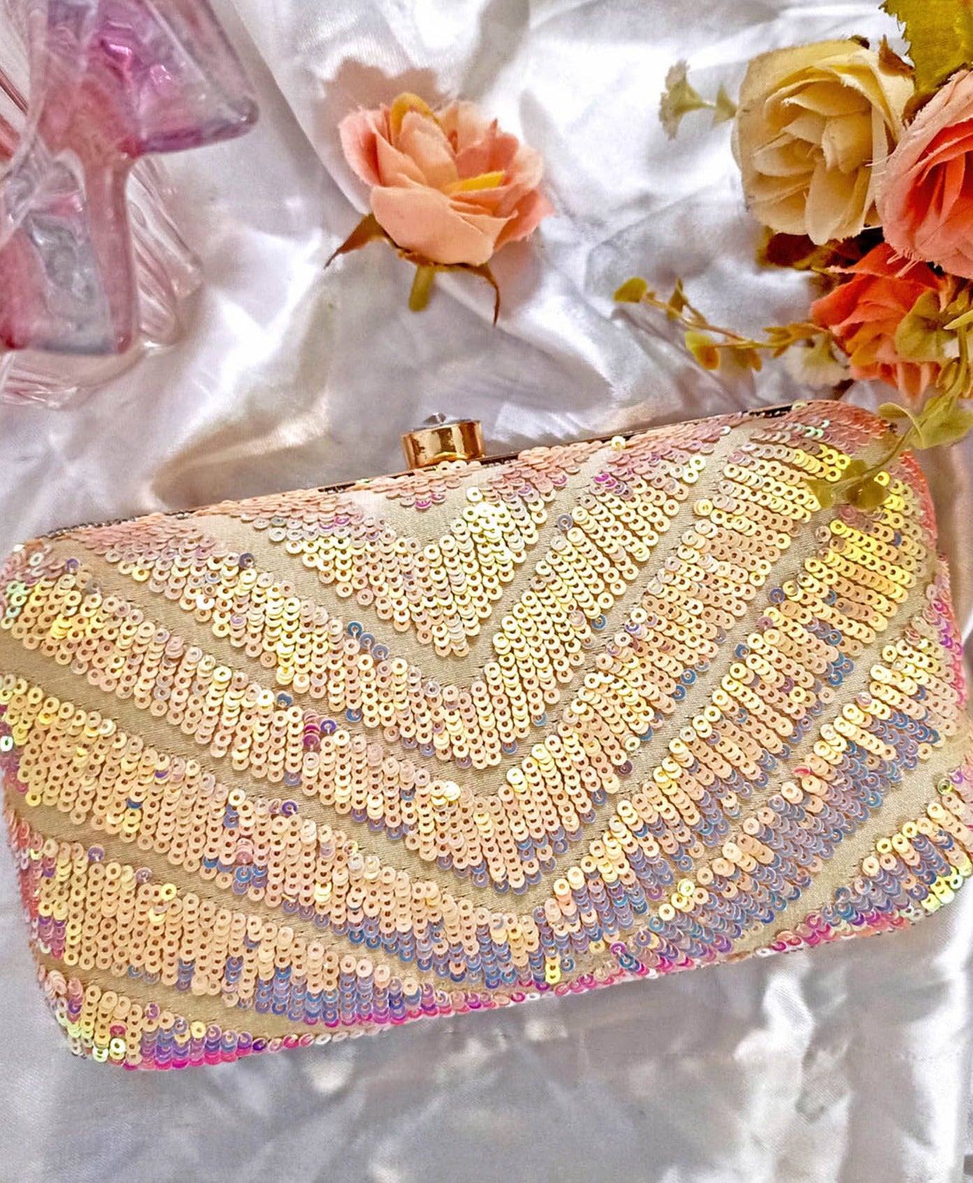 Pink Radiant Shimmer Sequins in Zigzag Clutch