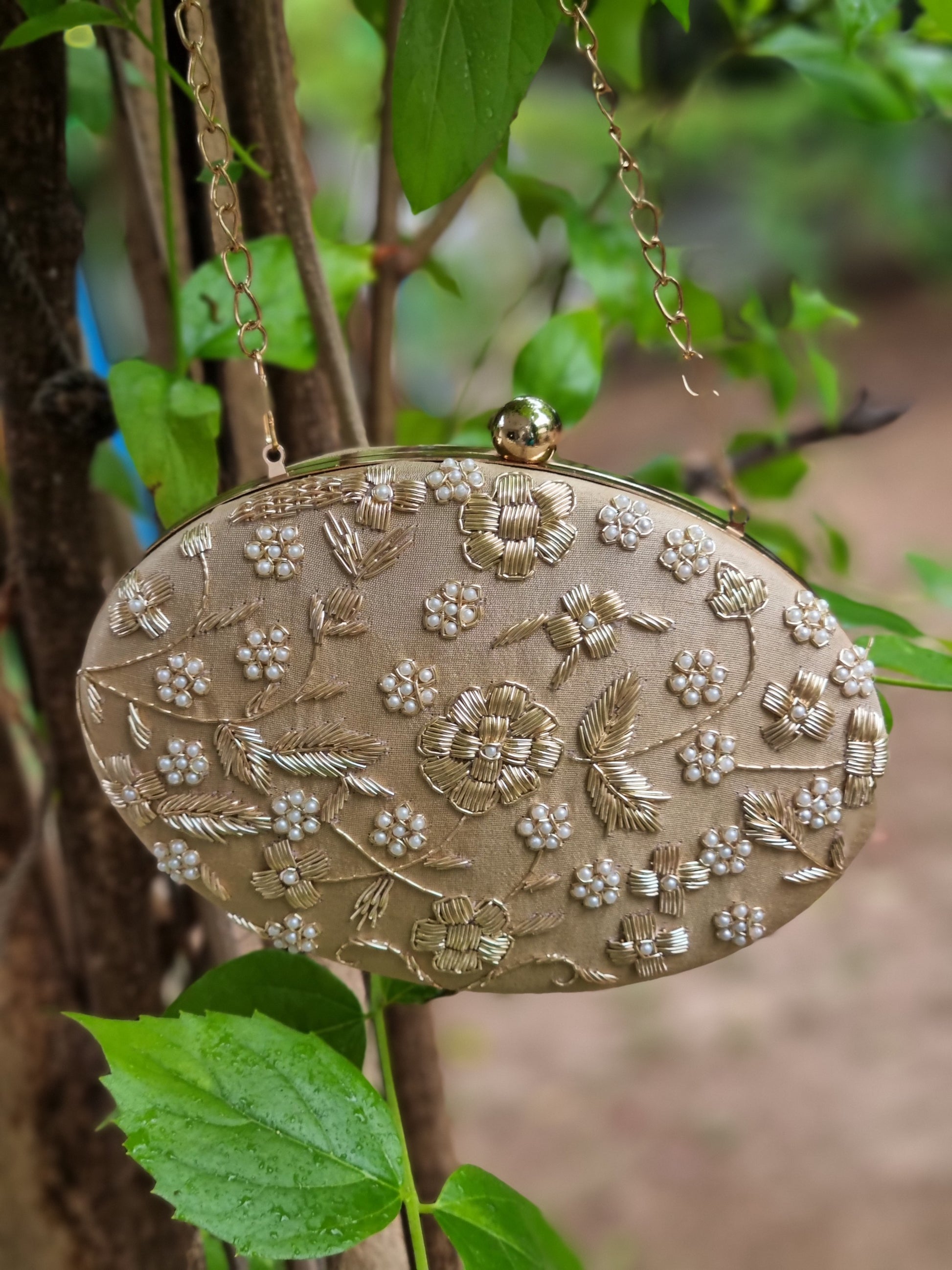 Beige Oval Dabka Hand Embroidered Clutch