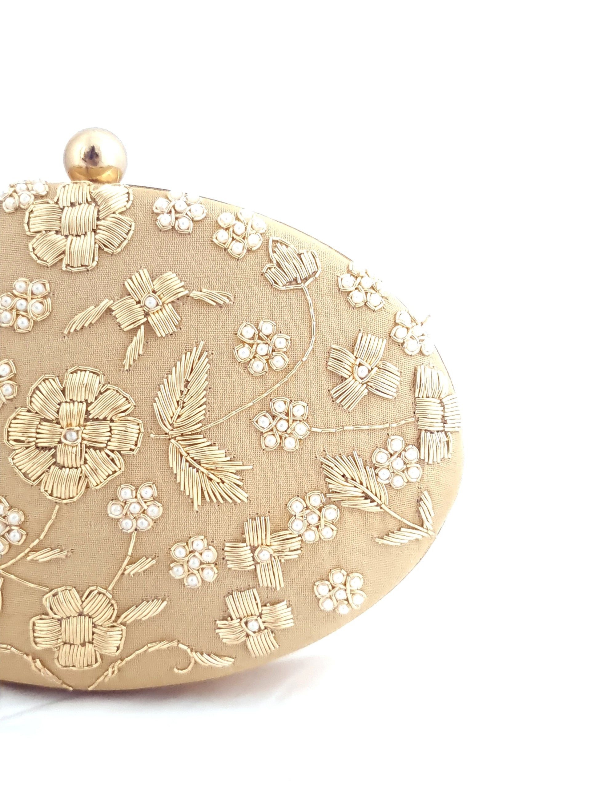 Beige Oval Dabka Hand Embroidered Clutch