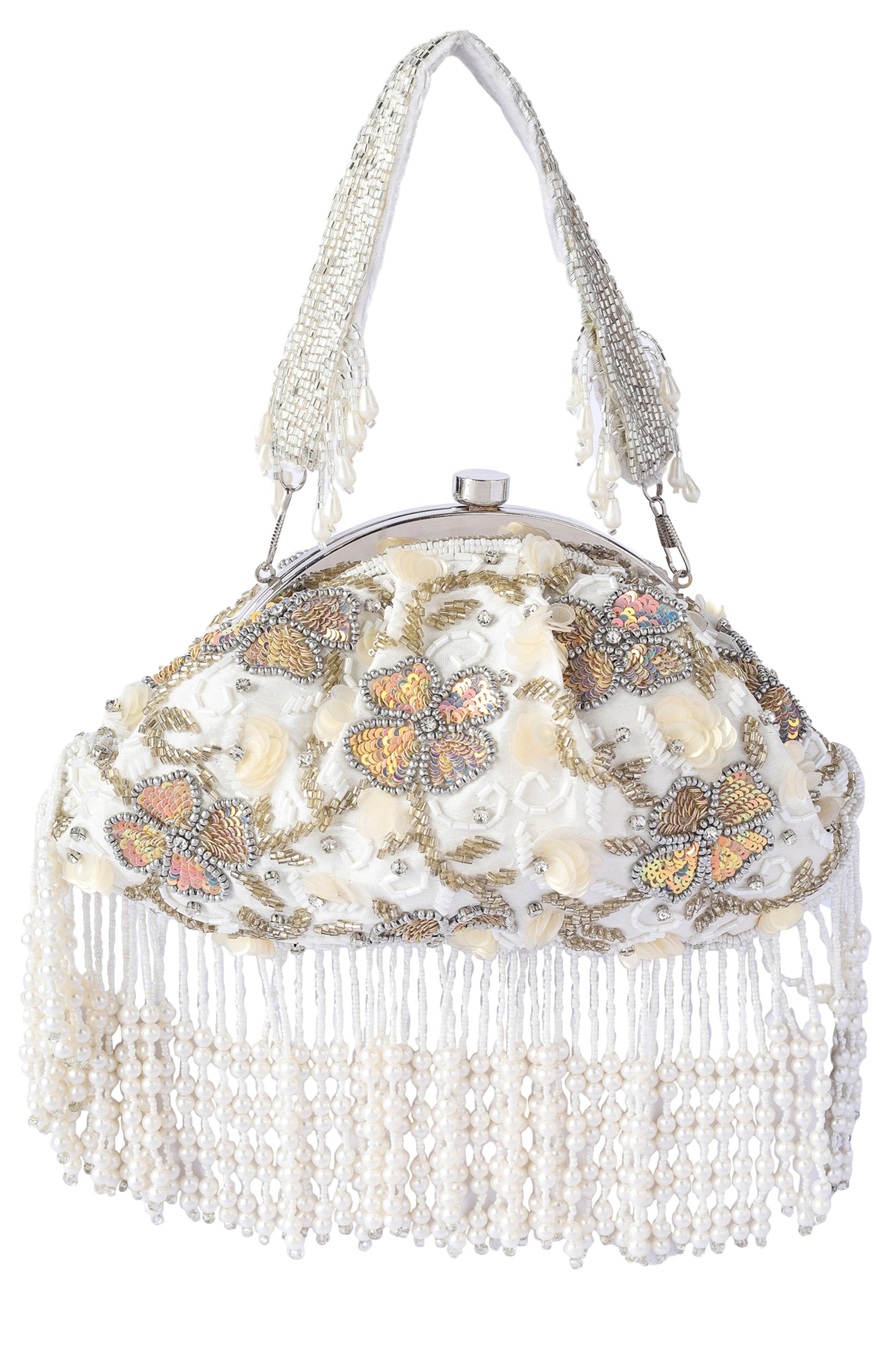 White Color Belle Fleur Tassel Hand Embroidered Clutch