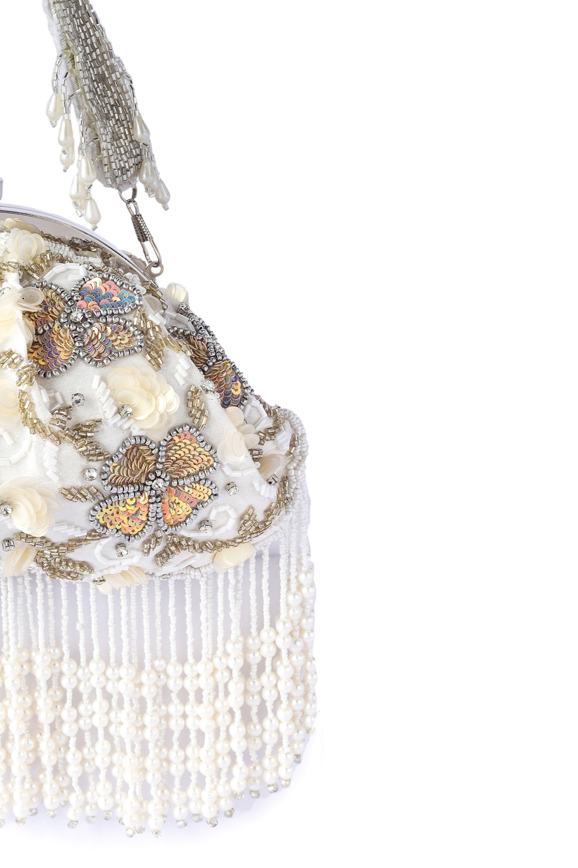 White Color Belle Fleur Tassel Hand Embroidered Clutch