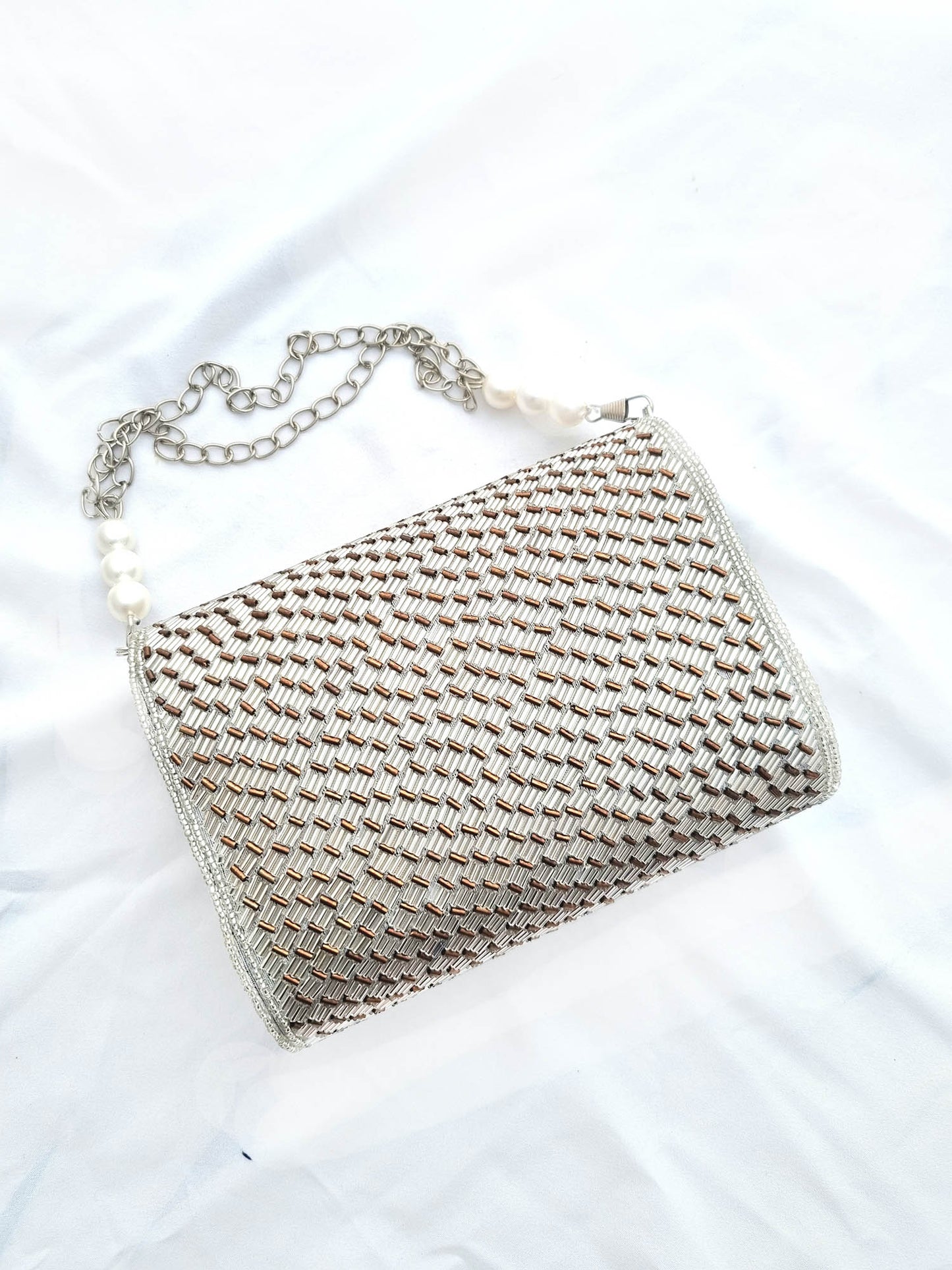 Silver Color Embroidered Antique Flap Clutch