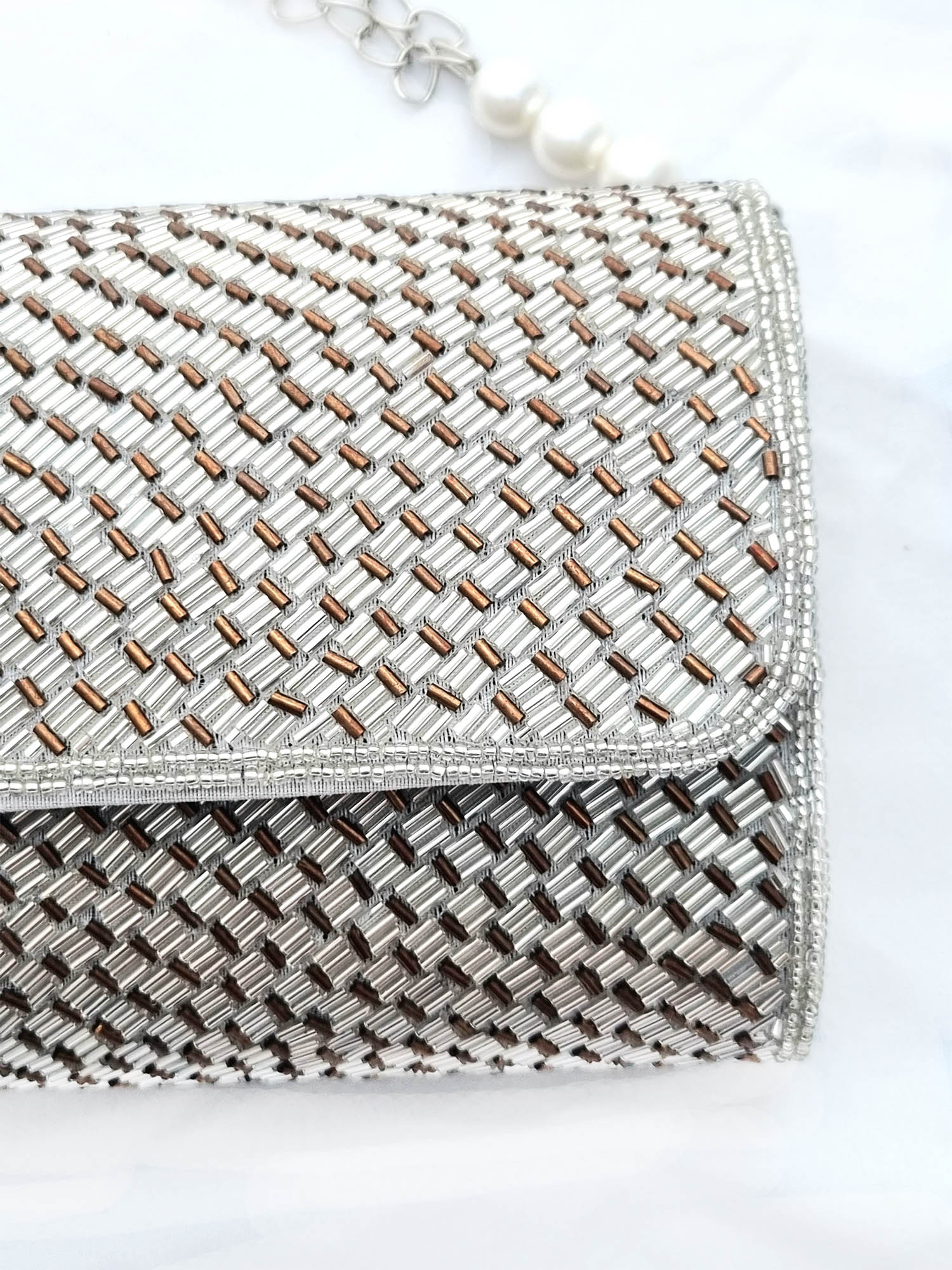 Silver Color Embroidered Antique Flap Clutch