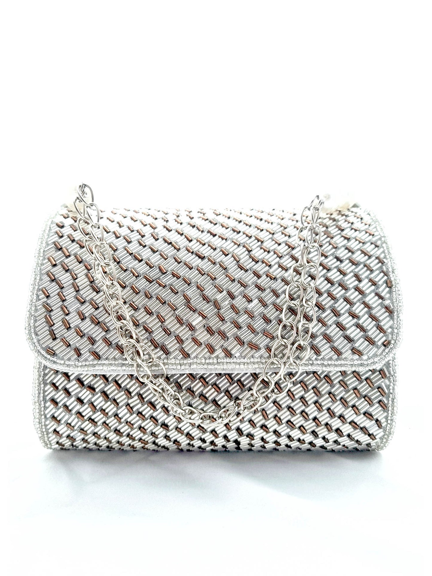 Silver Color Embroidered Antique Flap Clutch