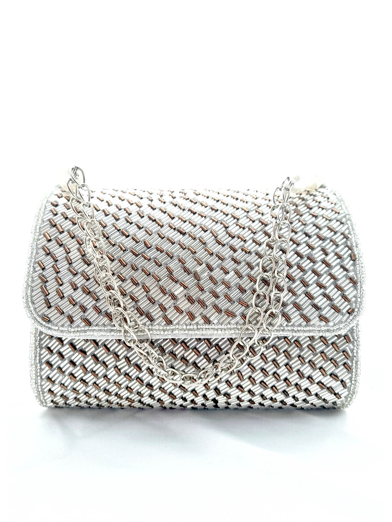 Silver Color Embroidered Antique Flap Clutch