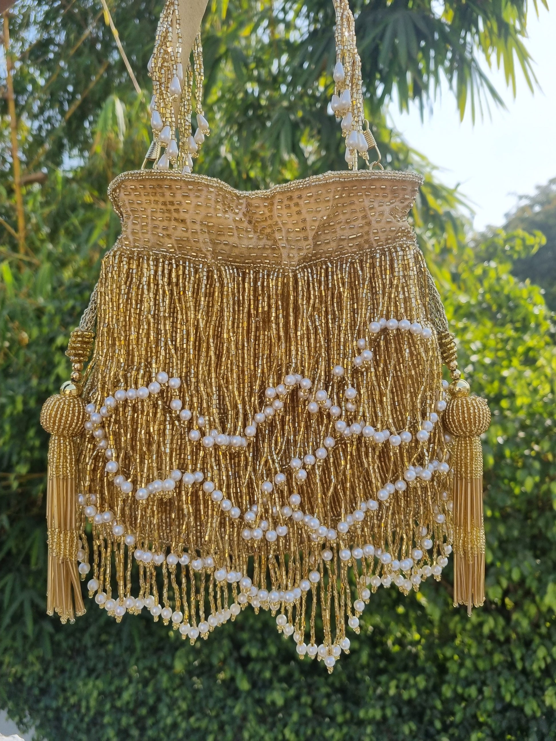 Gold Embellished Silk Pearl Fringe Glam Potli