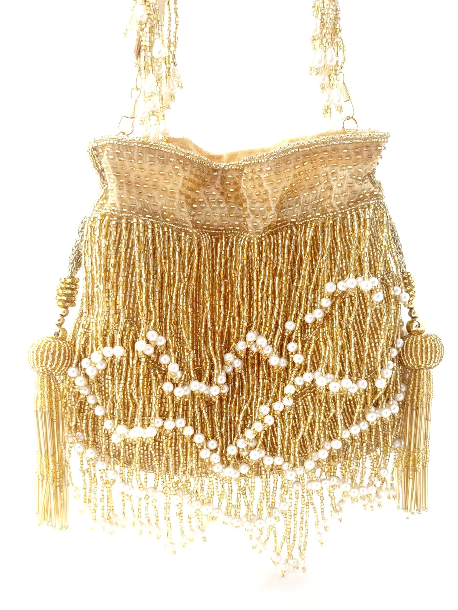 Gold Embellished Silk Pearl Fringe Glam Potli