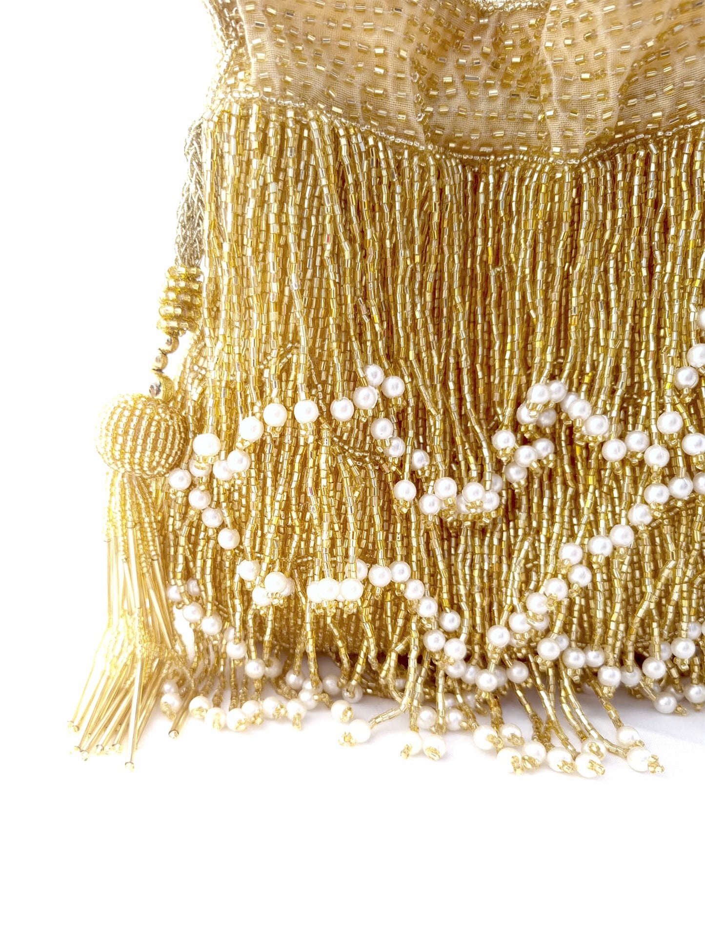 Gold Embellished Silk Pearl Fringe Glam Potli