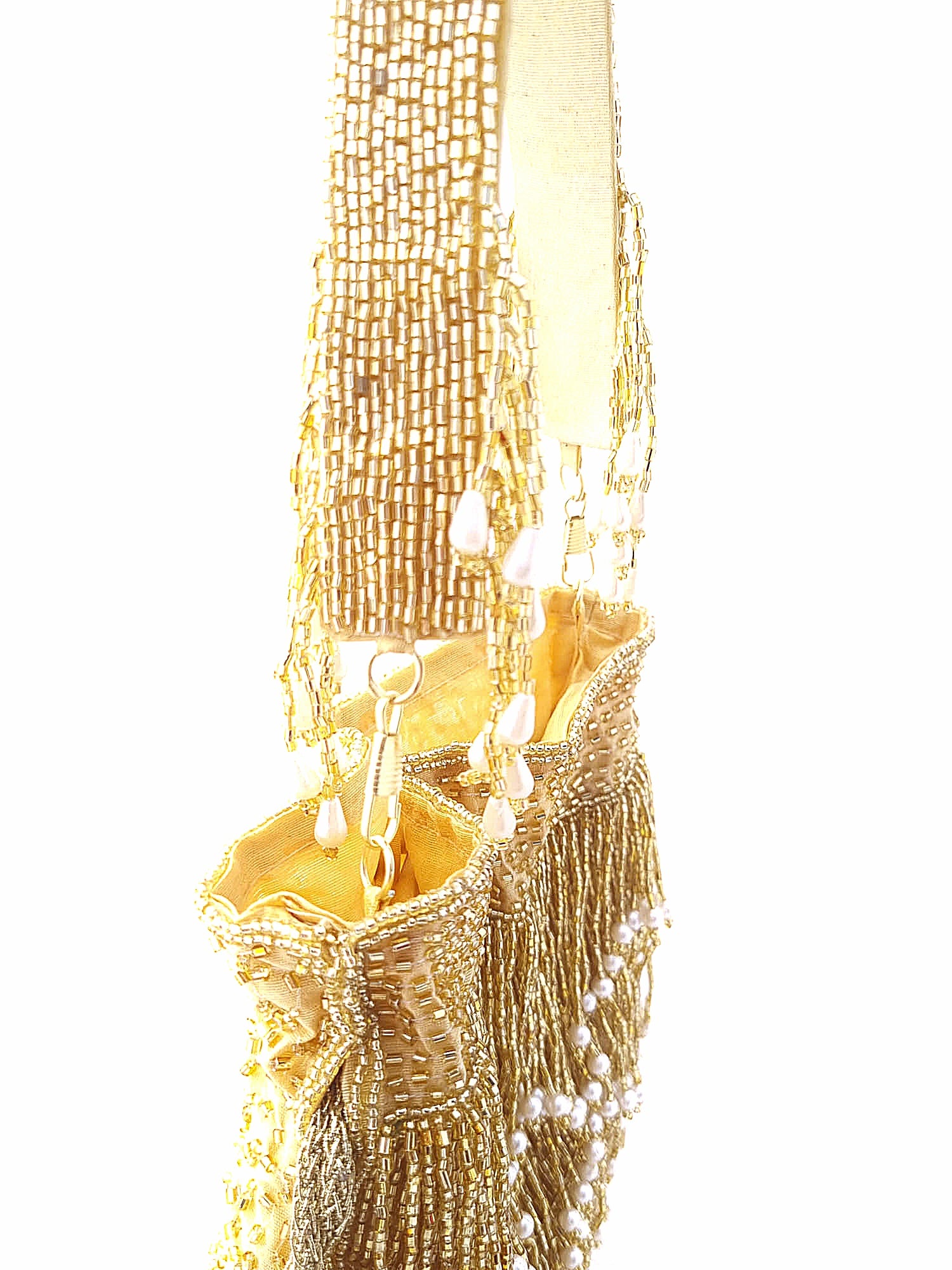 Gold Embellished Silk Pearl Fringe Glam Potli