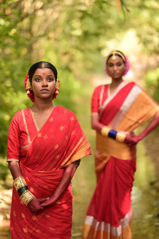 kanta I Red Handloom Cotton Saree with Jamdani Motifs