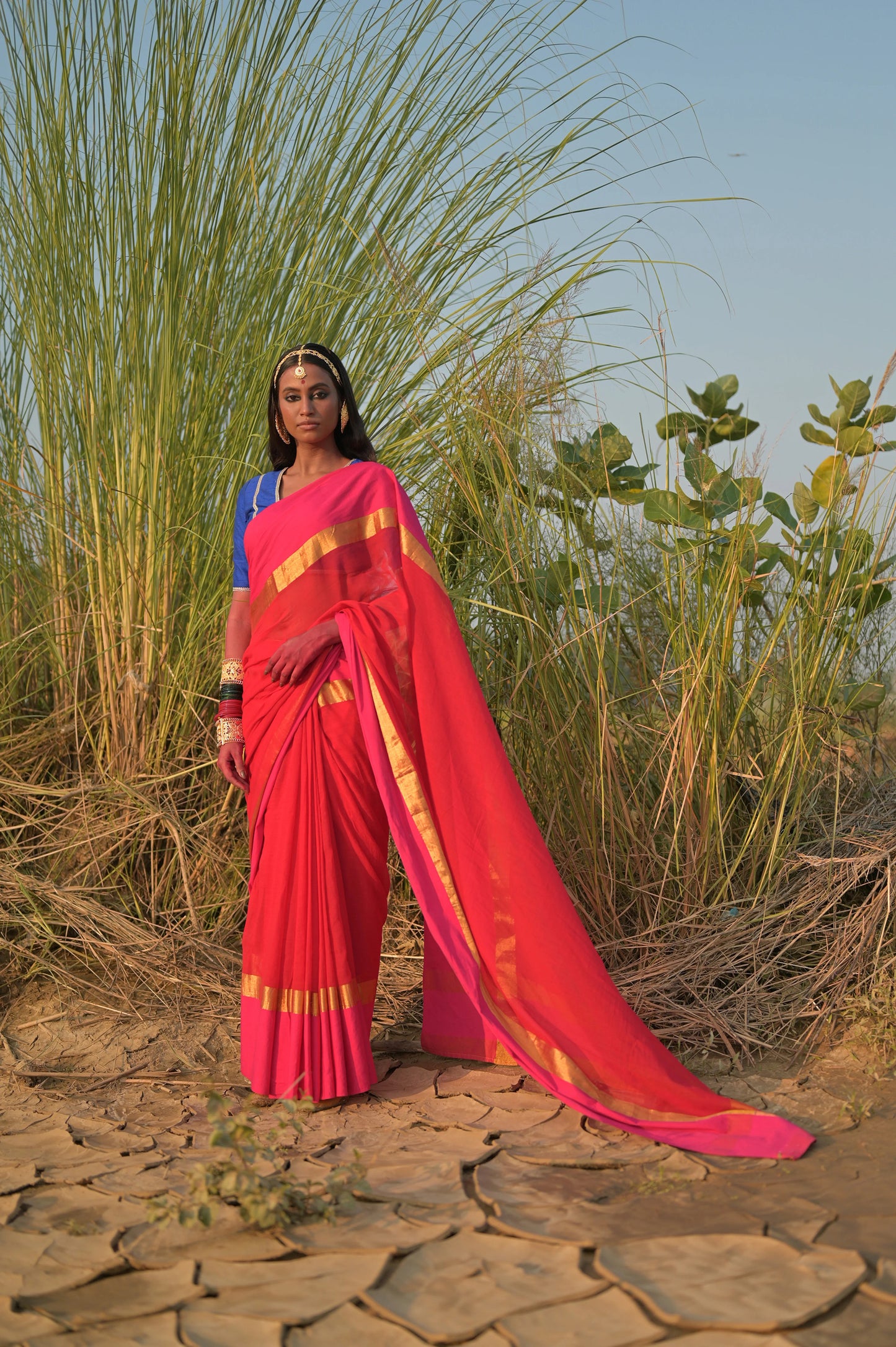 Dayita I Red Handloom Cotton Saree with Pink and Golden Border