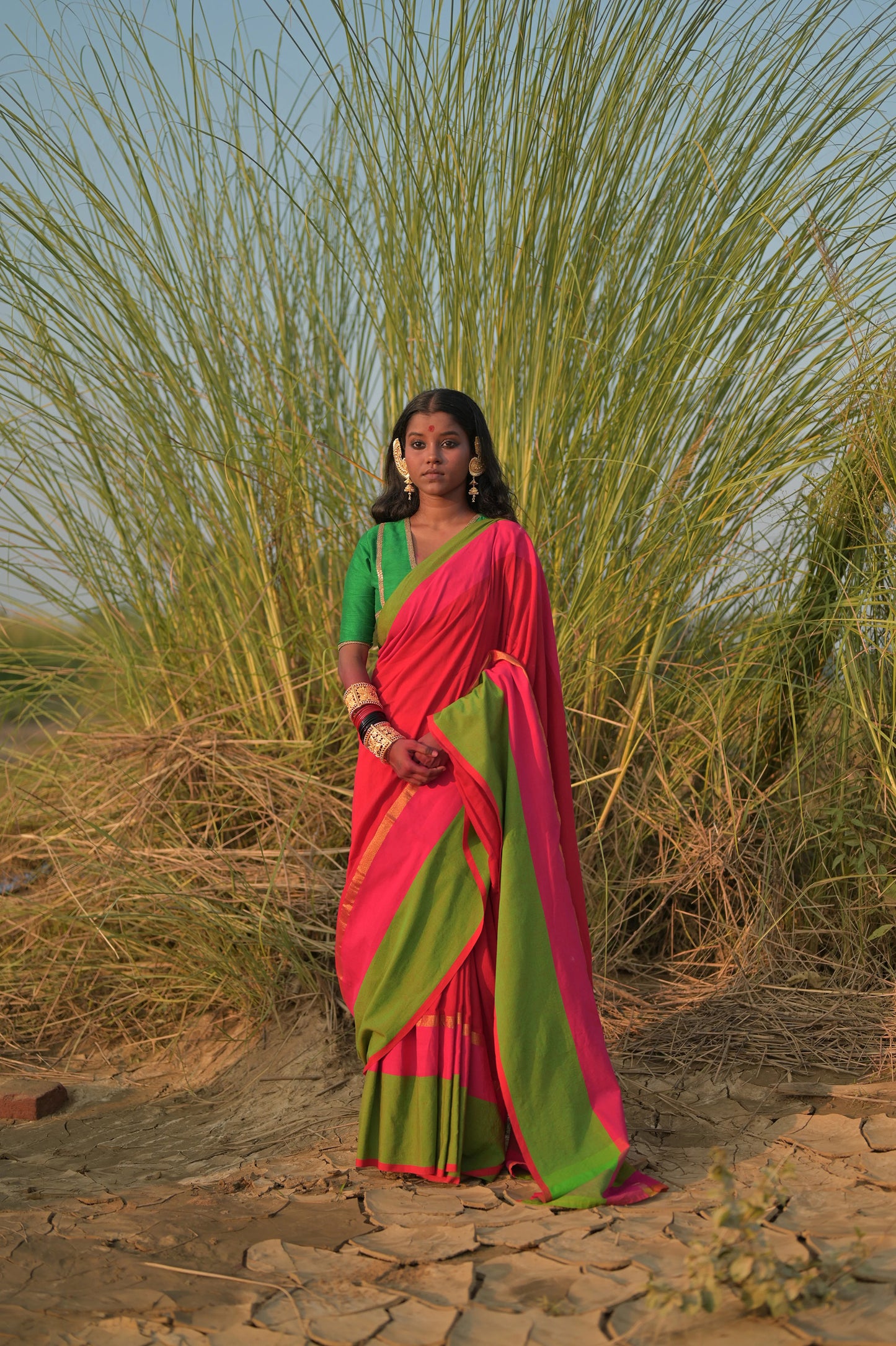 Kamini I Red Handloom Cotton Acrylic Saree With Green Border