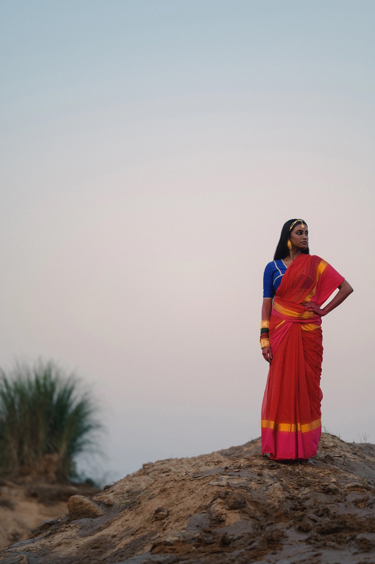 Dayita I Red Handloom Cotton Saree with Pink and Golden Border