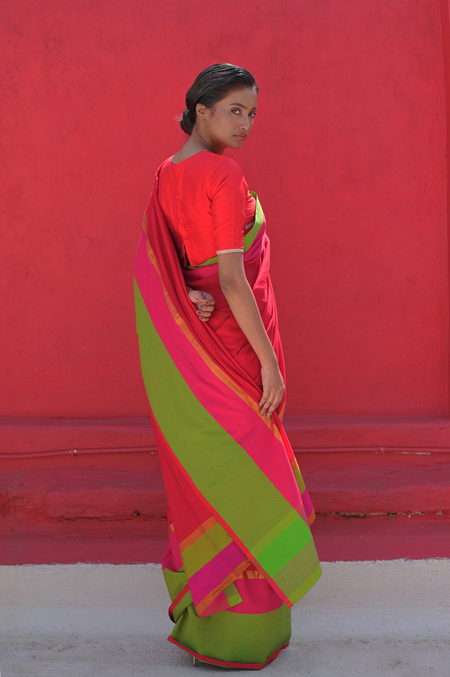 Kamini I Red Handloom Cotton Acrylic Saree With Green Border