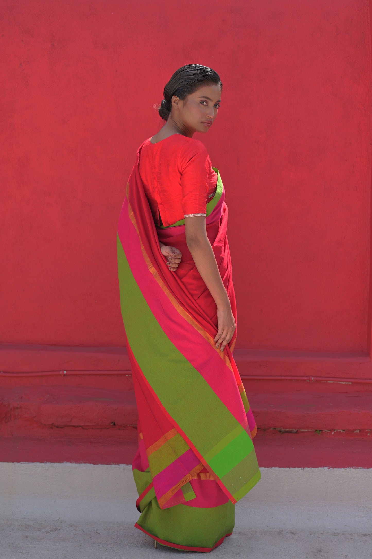 Kamini I Red Handloom Cotton Acrylic Saree With Green Border