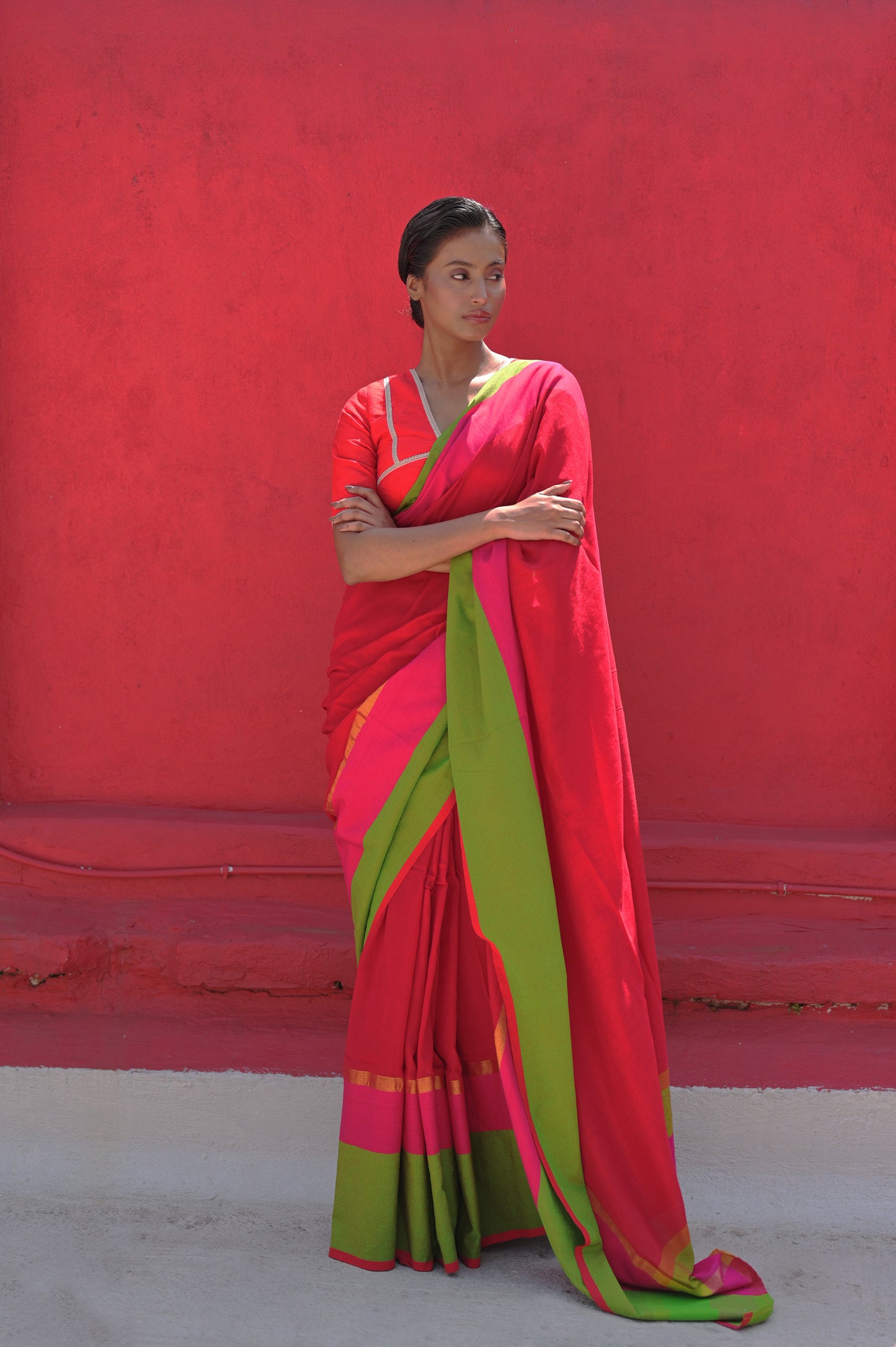 Kamini I Red Handloom Cotton Acrylic Saree With Green Border