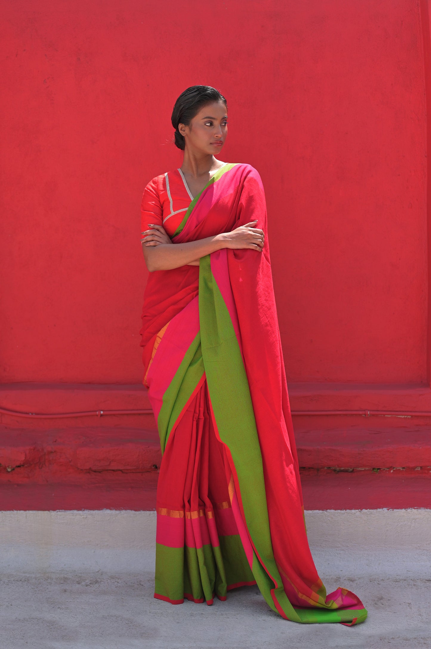 Kamini I Red Handloom Cotton Acrylic Saree With Green Border