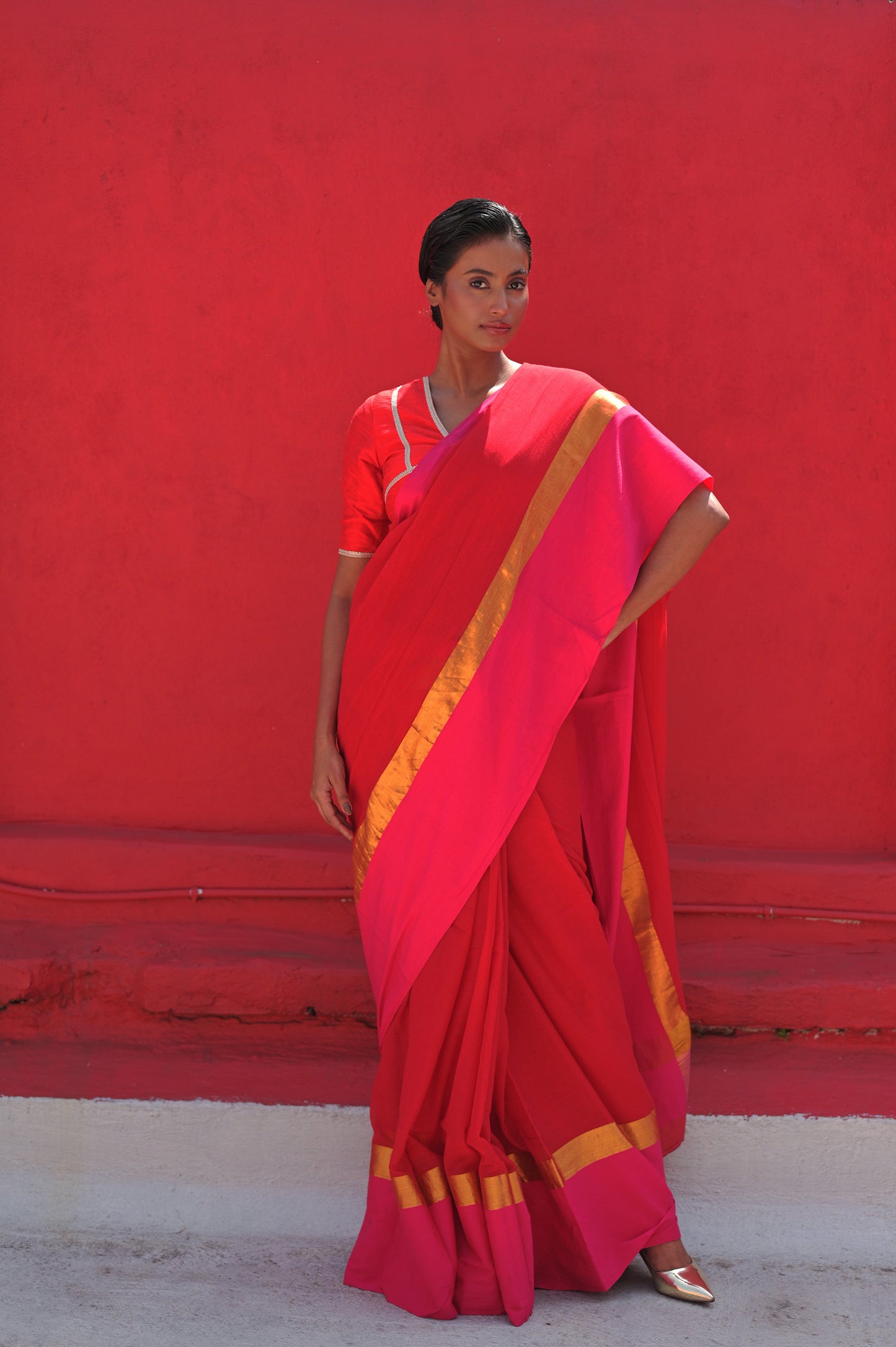 Dayita I Red Handloom Cotton Saree with Pink and Golden Border