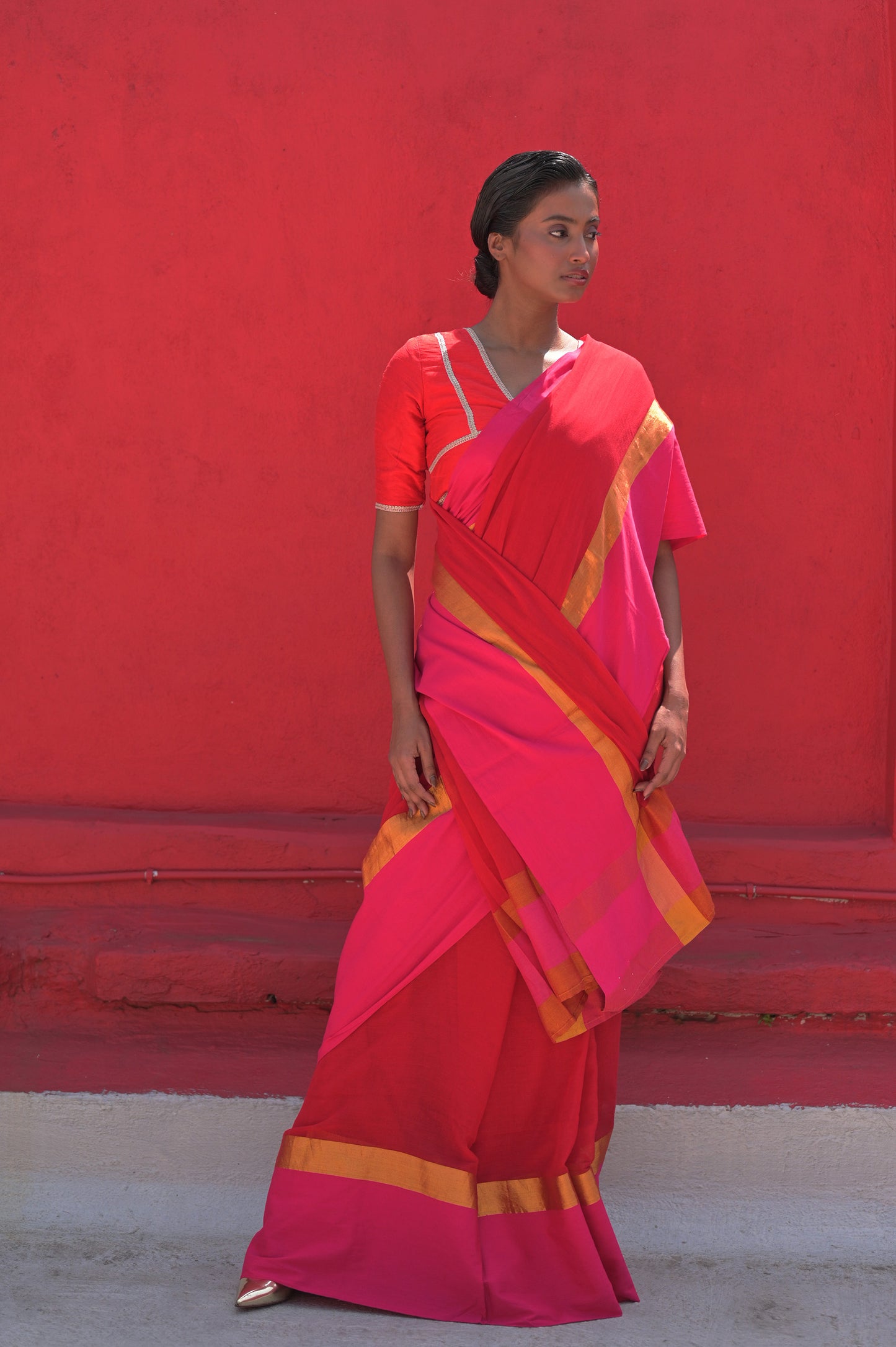 Dayita I Red Handloom Cotton Saree with Pink and Golden Border