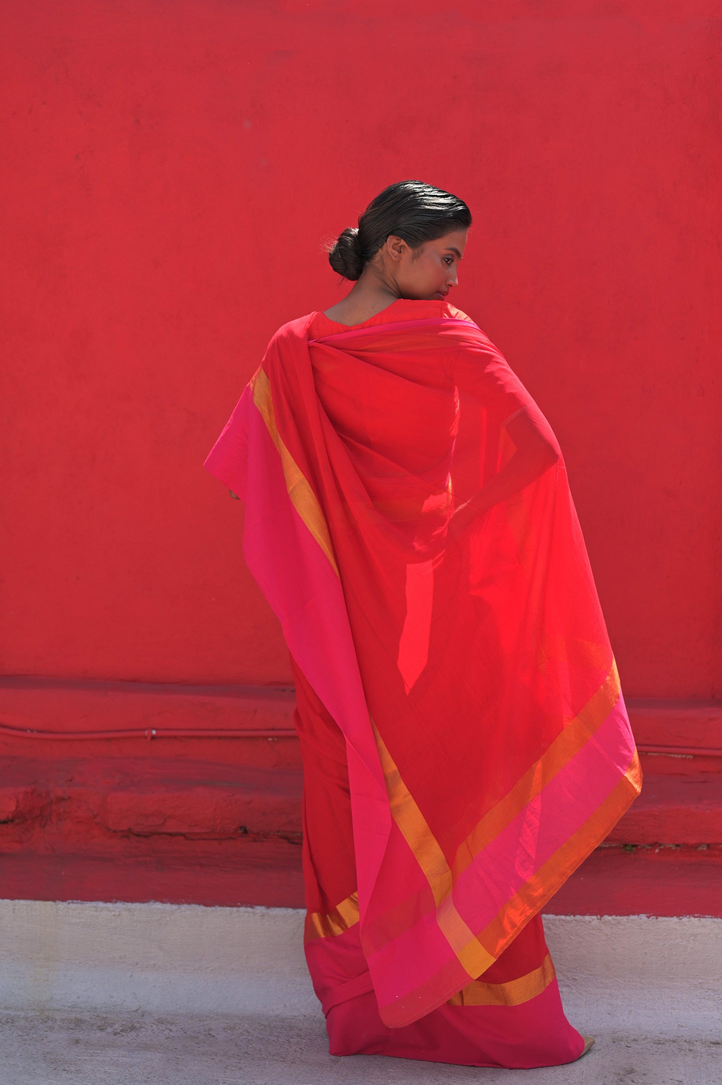 Dayita I Red Handloom Cotton Saree with Pink and Golden Border