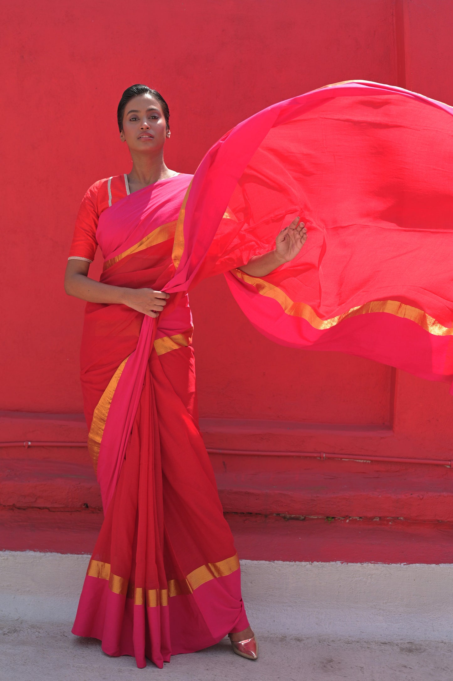 Dayita I Red Handloom Cotton Saree with Pink and Golden Border