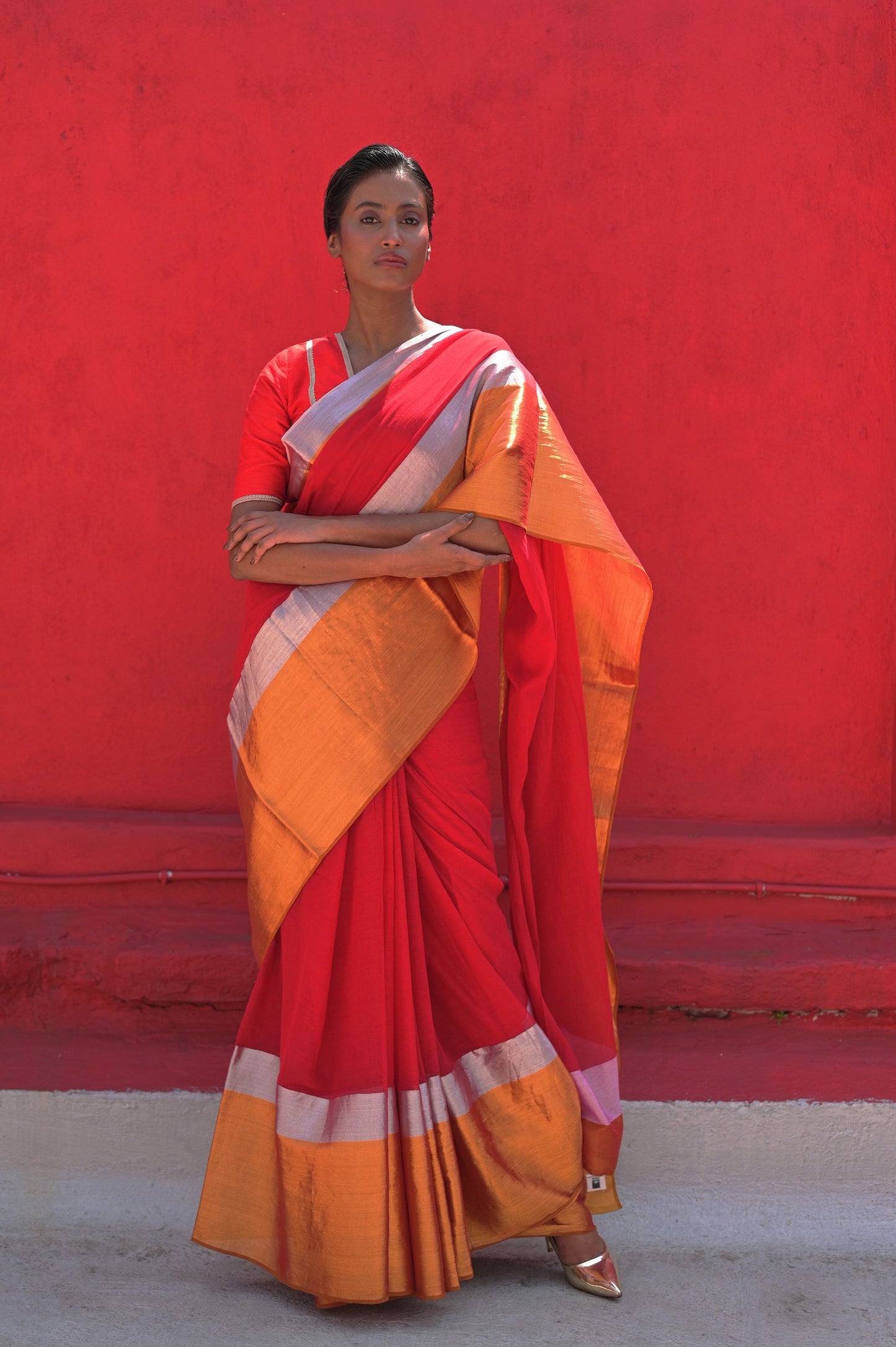 Angana I Red Handloom Cotton Saree With Silver and Golden Border