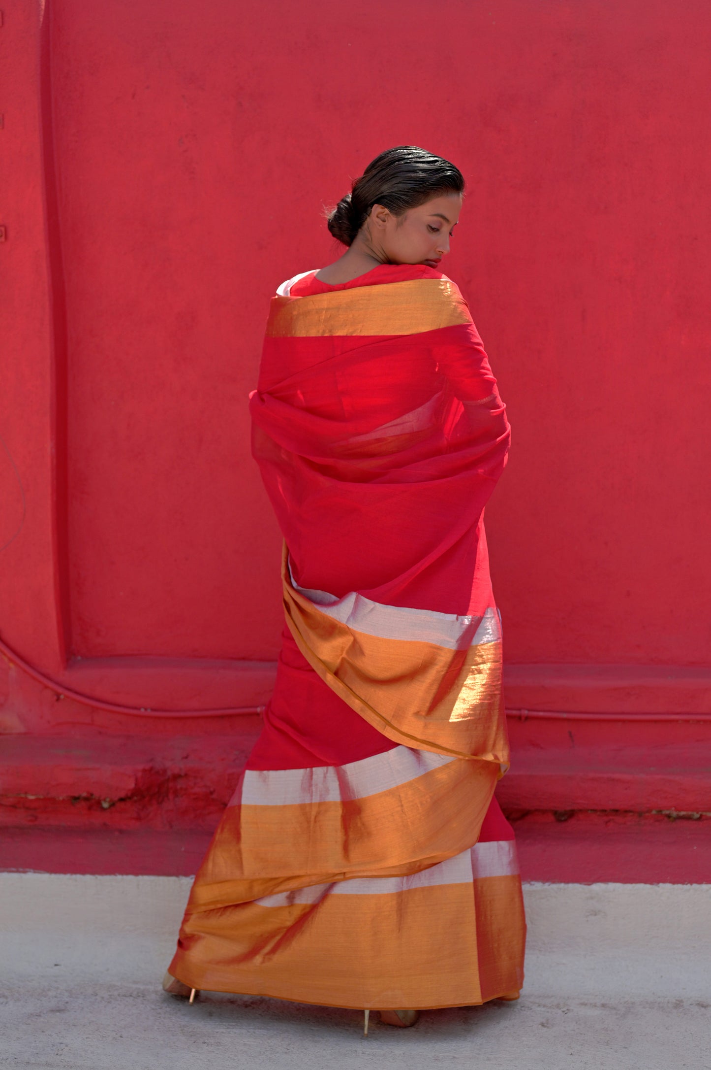 Angana I Red Handloom Cotton Saree With Silver and Golden Border