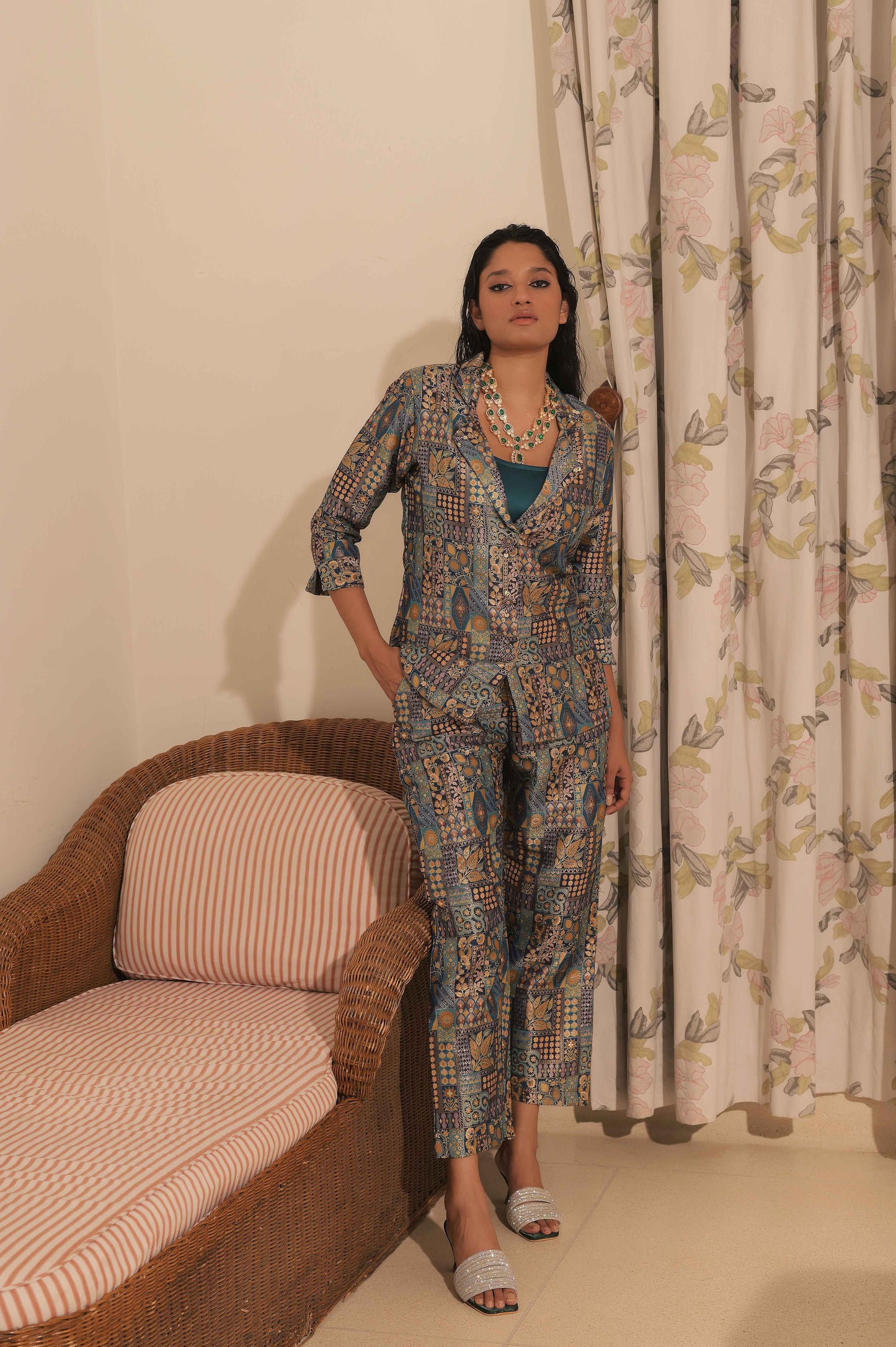 Navy Lue Jacquard Banarasi Brocade Blazer With Pant