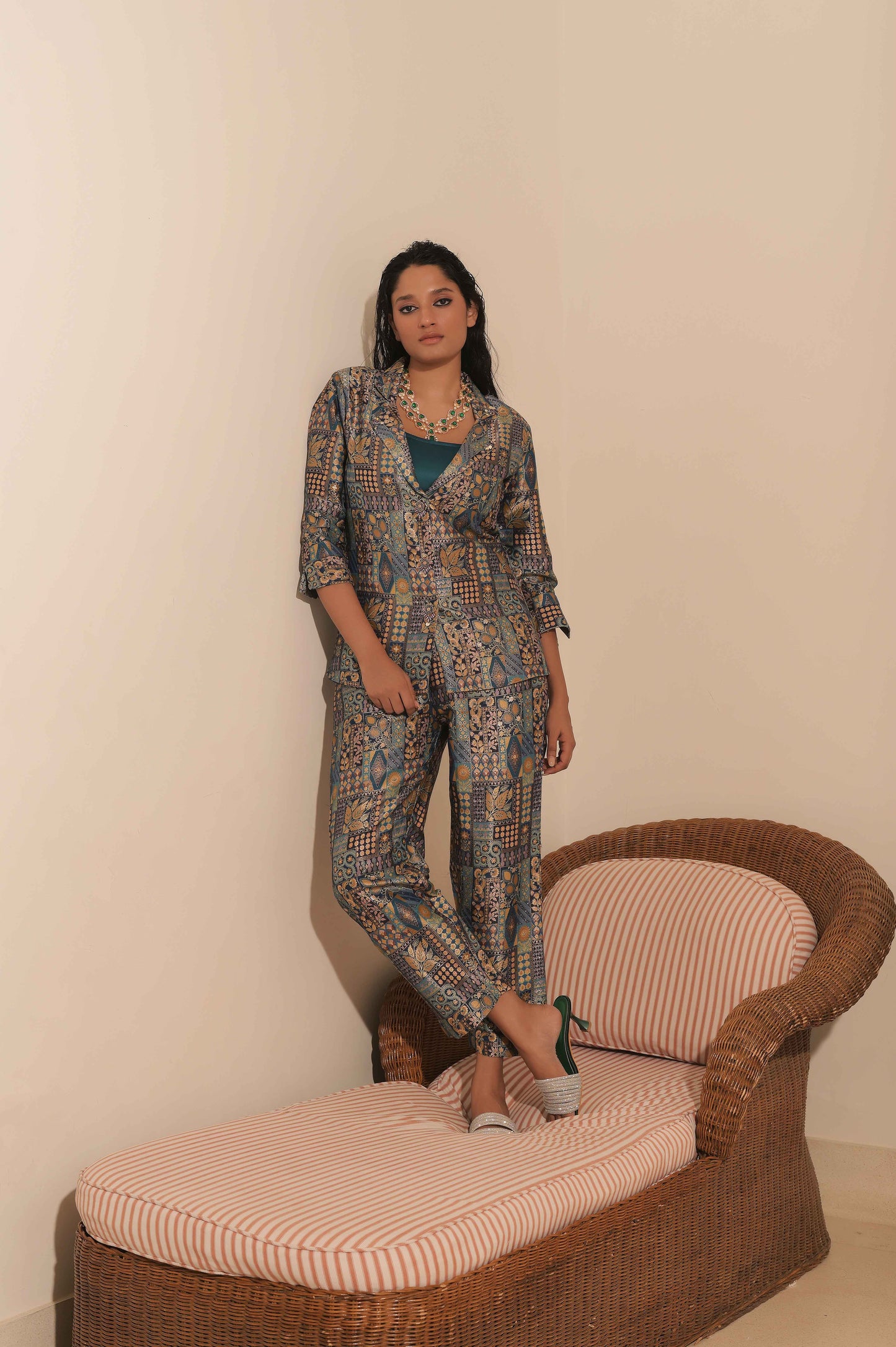 Navy Lue Jacquard Banarasi Brocade Blazer With Pant