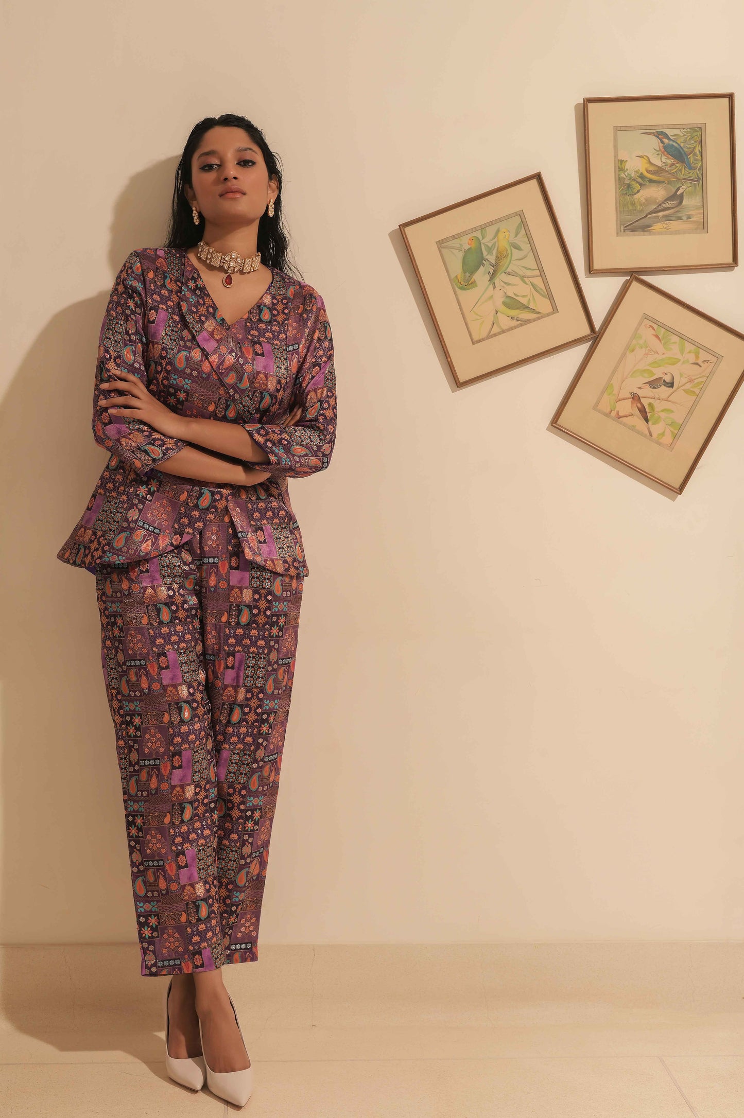 Royal Plum Brocade A-line Blazer With Pant