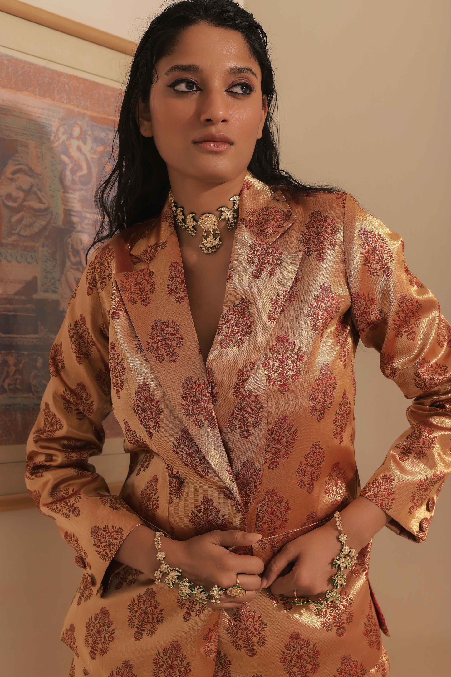 Blushing Gold A-line Banarsi Blazer with Pant